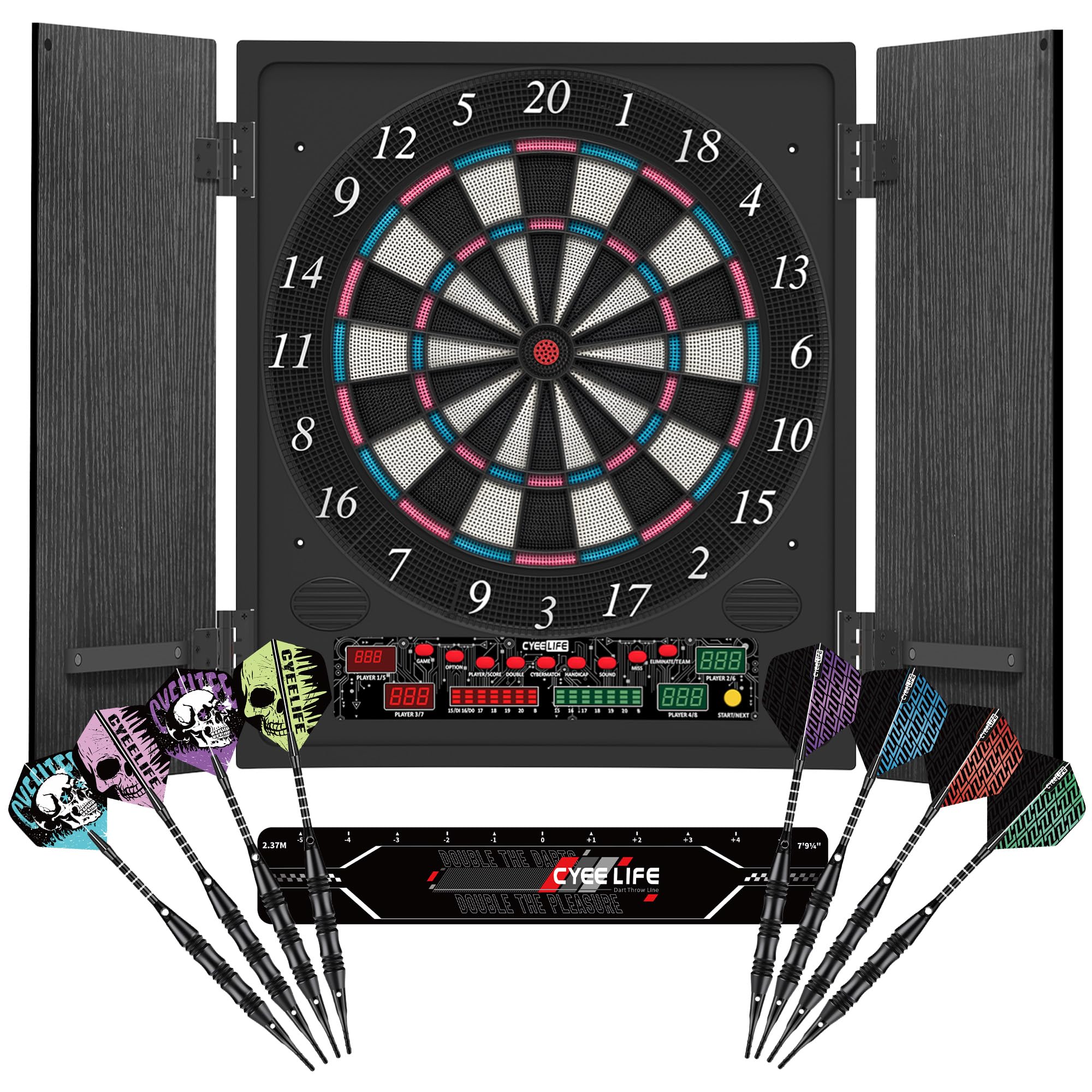 CyeeLife Bersaglio elettronico per freccette con armadio in legno, bersaglio elettronico con 34 giochi e 355 varianti, modalità 8 giocatori, display LED, voce tedesca