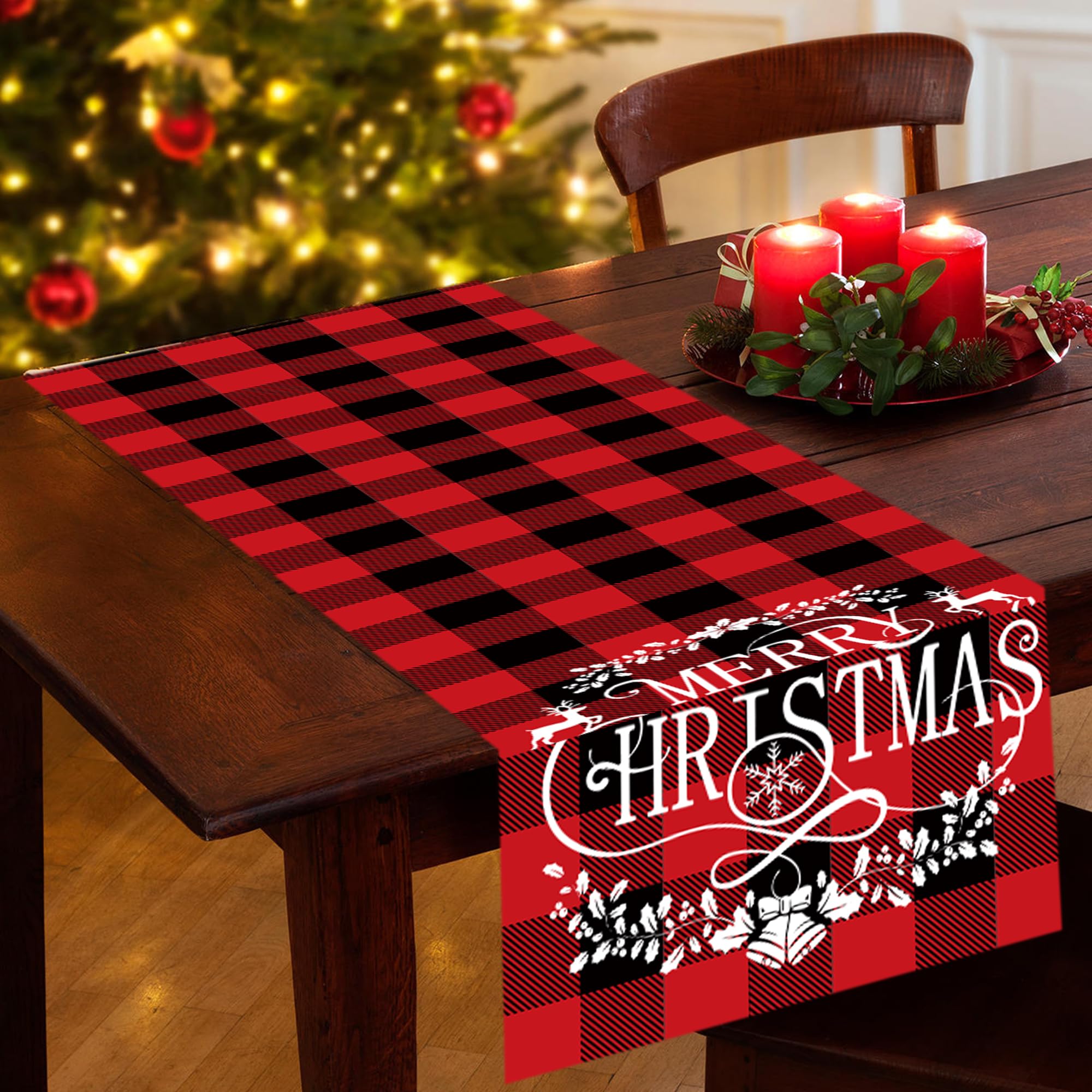 Camino de mesa de lino a cuadros rojos y negros para invierno, Navidad, vacaciones, camino de mesa de comedor, decoración del hogar, fiesta, 13 x 72 pulgadas