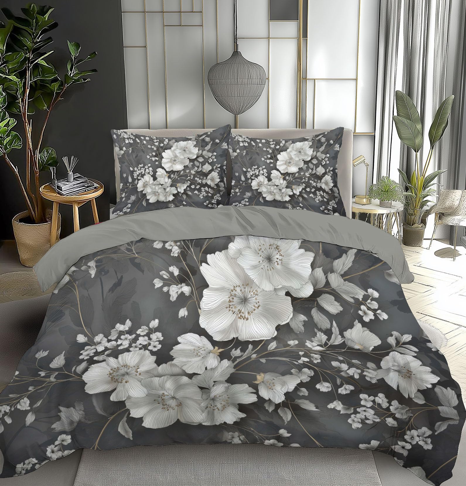 Housse de couette 140x200cm gris foncé avec taie d'oreiller 50x75 fermeture éclair lit adulte