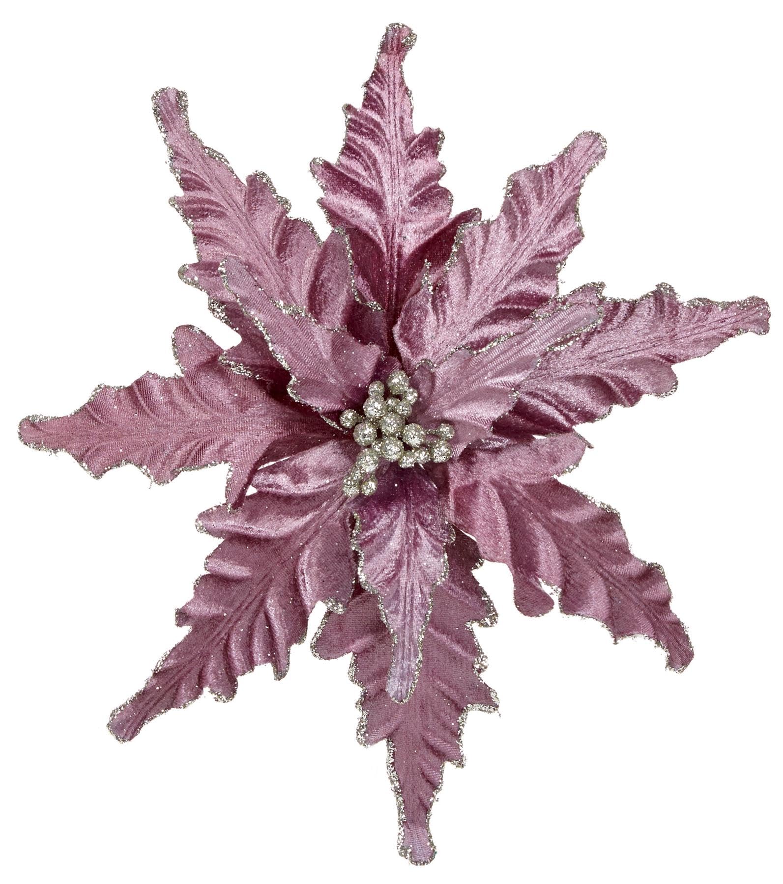 Clip-on Poinsettia Flower, Mauve with Glitter Berry Middle, Christmas Tree and Wreath Decoration, 32cm approx