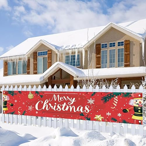 Vista 9 de Cartel de Navidad de 118 x 20 pulgadas, fondo rojo, cajas de regalo, campanas de acebo, sombrero de Papá Noel, decoración de pared, suministros