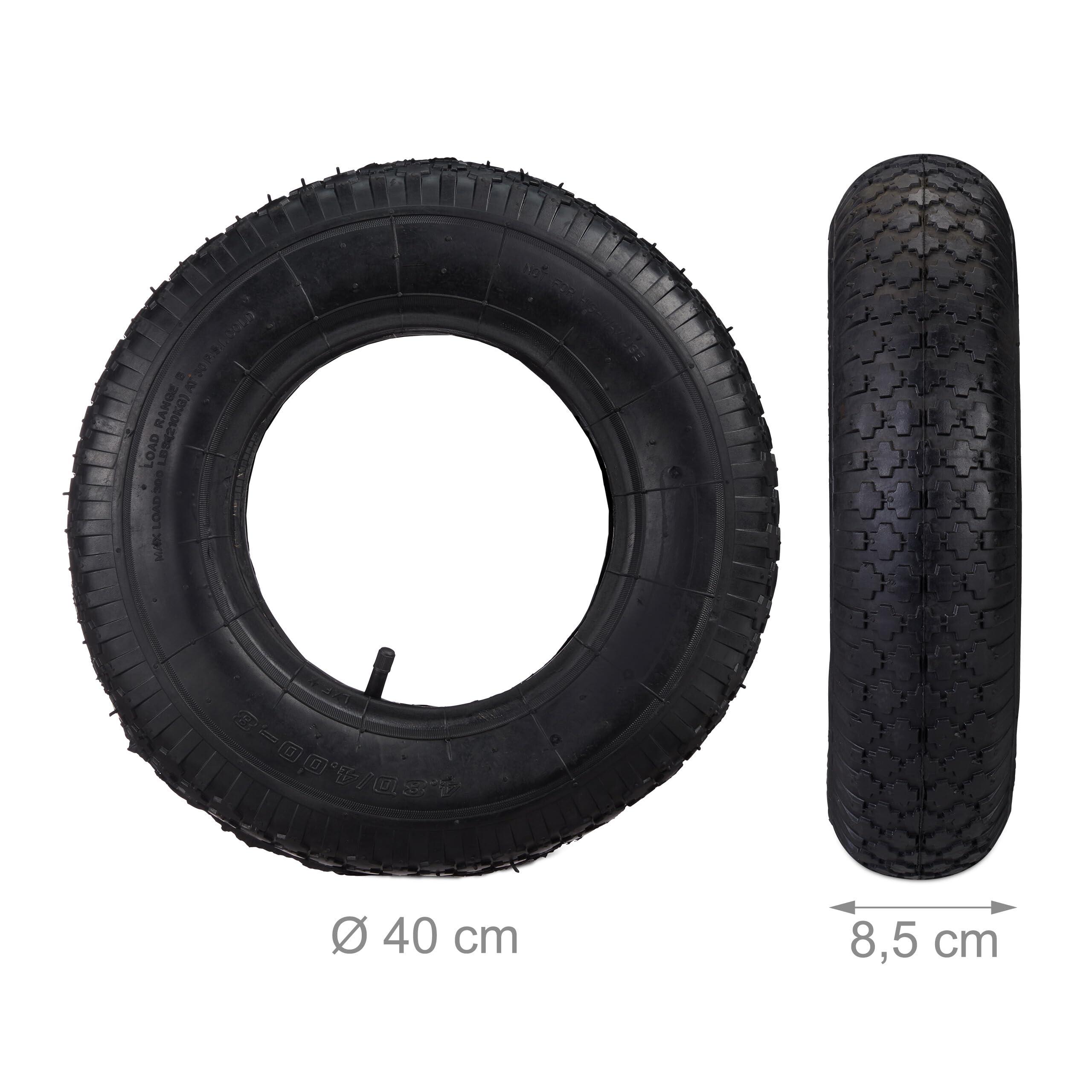 Relaxdays Roue de Diable avec Chambre à air, Lot de 2 pneus Rechange 4.00-8, Charge Max. 150 kg, Noire