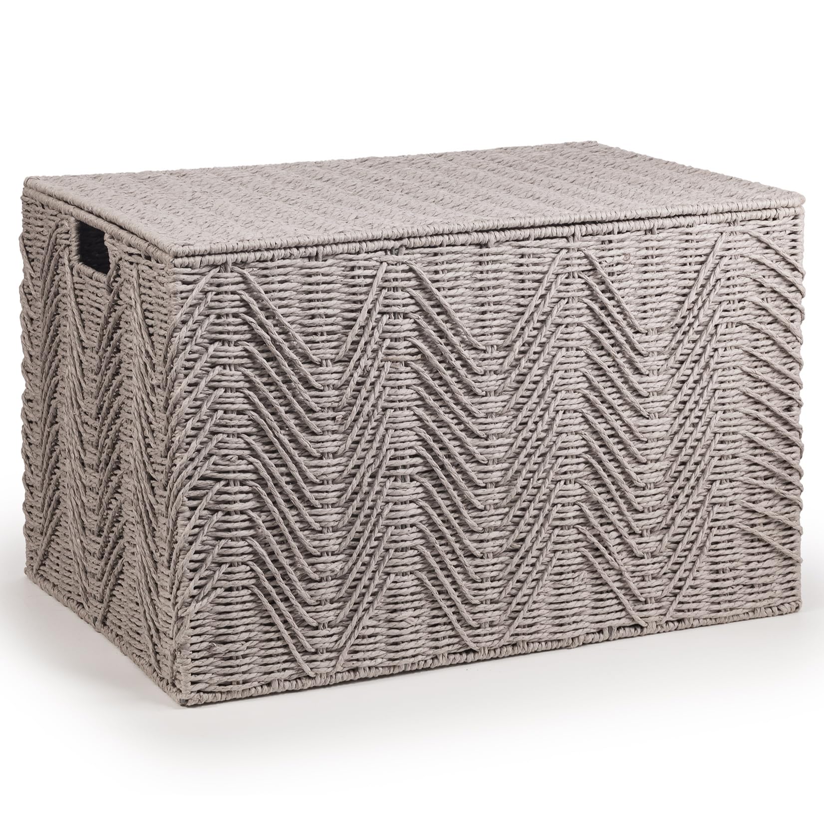 woodluv Storage Basket Trunk Chest, Woven Storage Basket with Lid, Storage organiser, Basket Storage Bedding, Blanket & Toy Box, Large - Grey