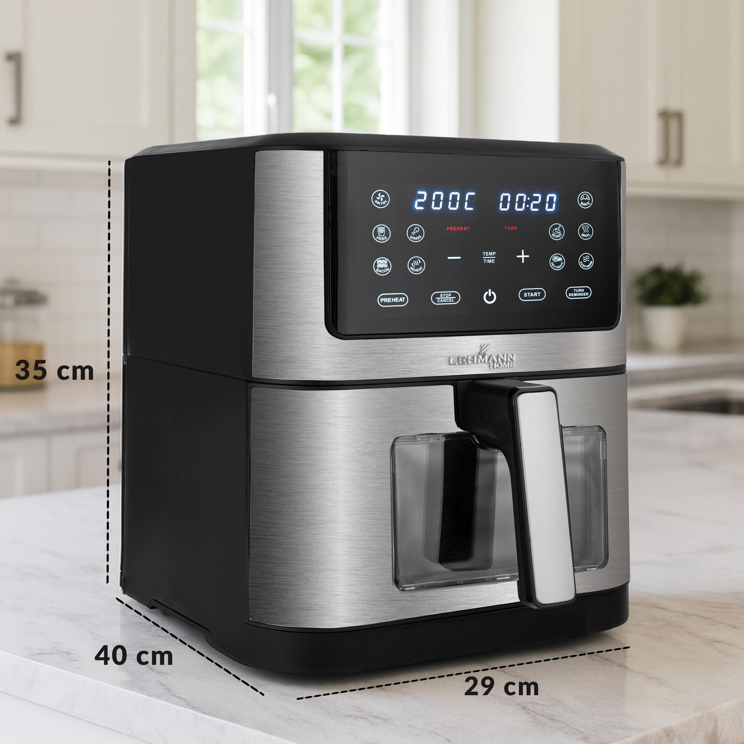 LEHMANN Friggitrice ad Aria 8 Litri XXL, 1800 W, Air Fryer con Finestra di Visualizzazione, 12 Programmi & Regolazione Manuale 76–200°C, Timer 1-60min, Rivestimento Antiaderente, Display Touch