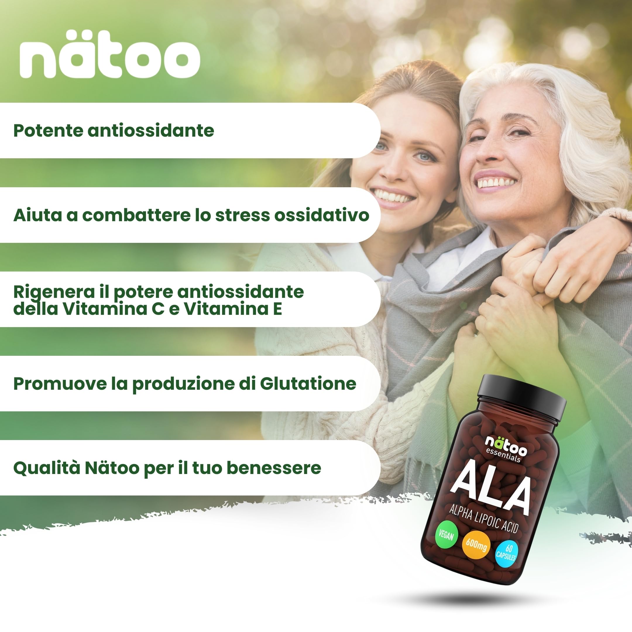 NÄTOO Acido Alfa Lipoico 600 mg, 60 Capsule ad Alto Dosaggio (2 mesi di integrazione), Acido Lipoico Potente Antiossidante contrasta i Radicali Liberi, Integratore di Acido Alfa-Lipoico Vegan