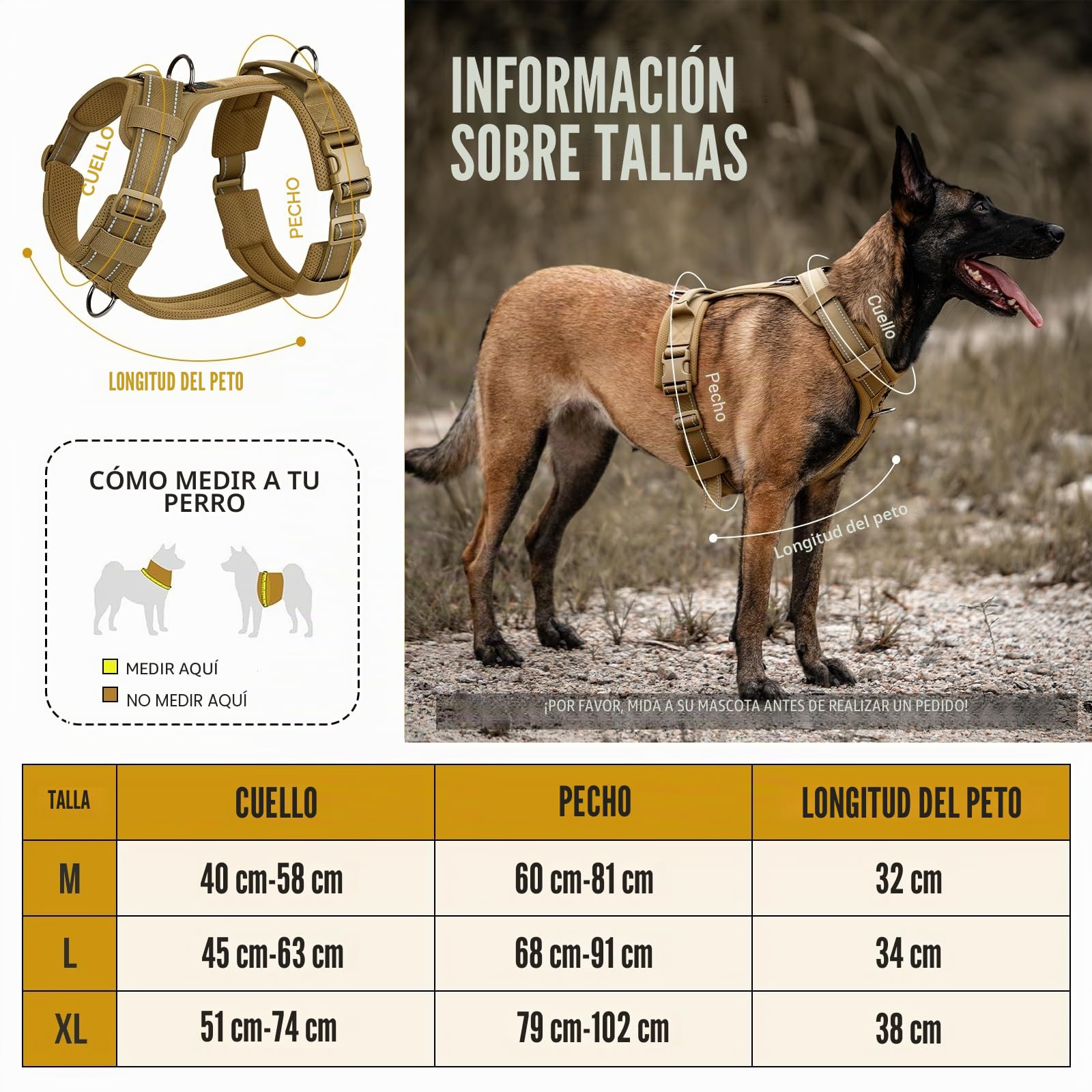 OneTigris arnés para perros, Diesel ajustable táctico acolchado suave para perros medianos y grandes con reflectante, 1 asa, 3 anillos en D (Marrón, M)
