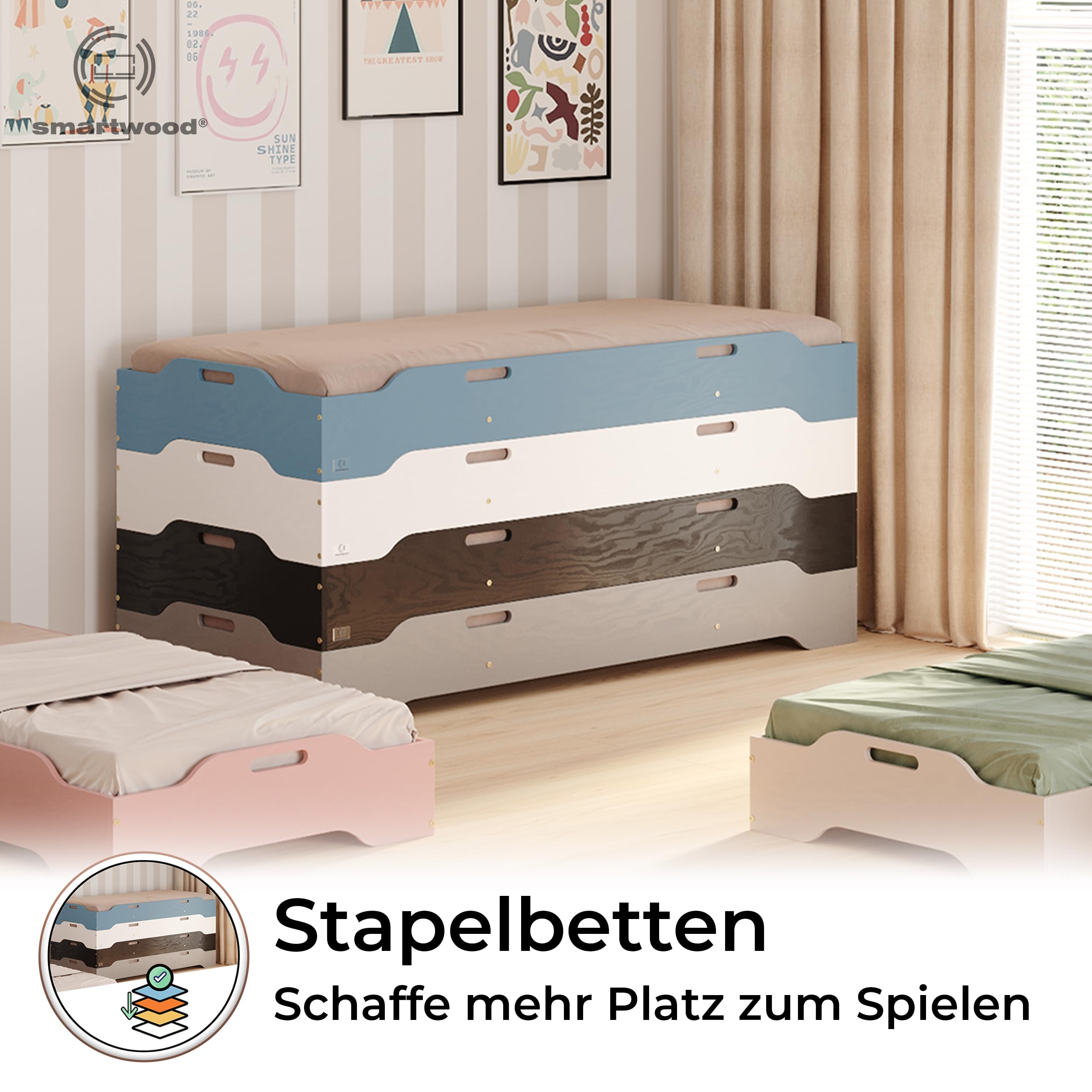 smartwood Stapelbett 90x200 cm mit Lattenrost, aus Holz, Weiß, TILA 8