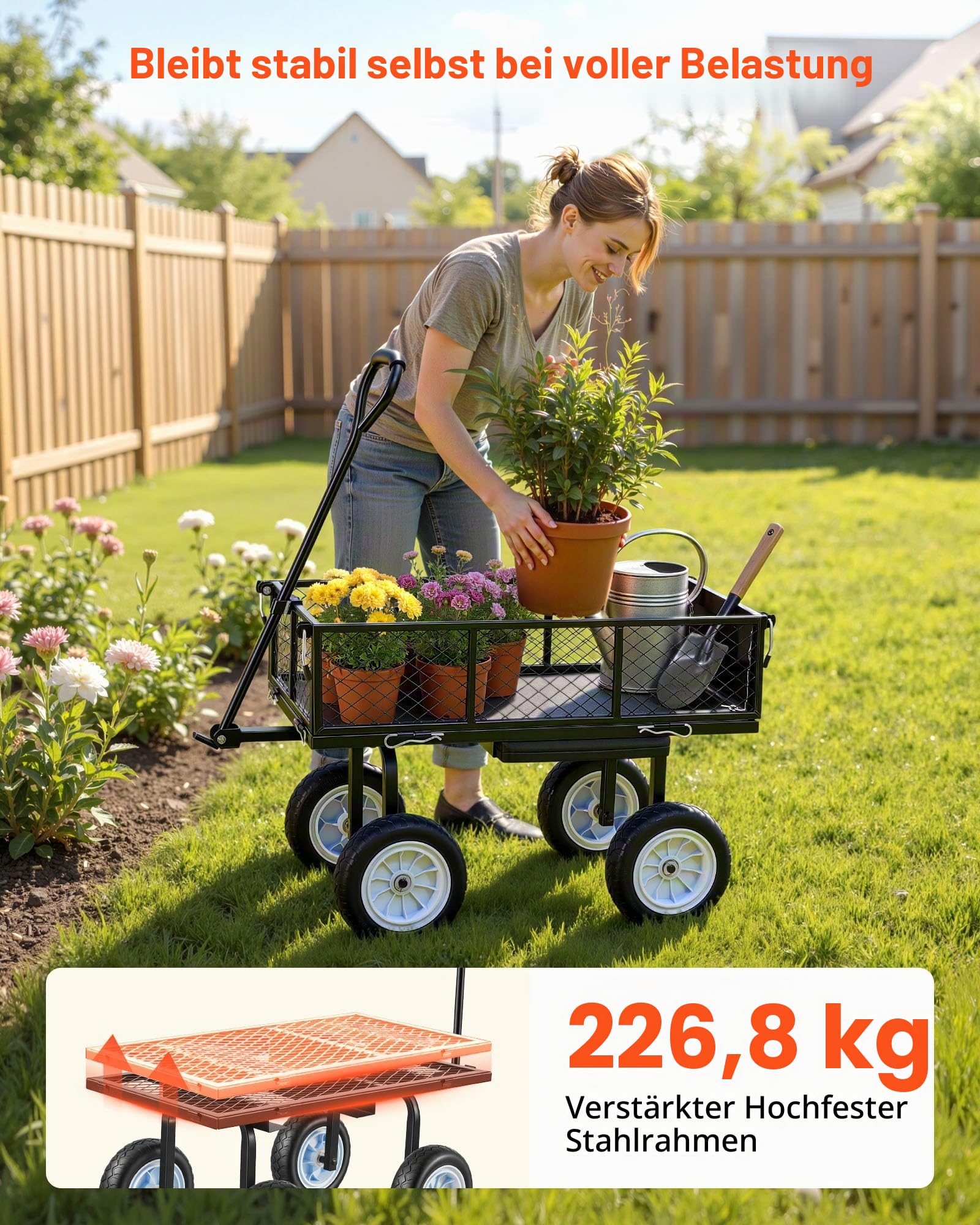 VEVOR Bollerwagen 226,8 kg Tragkraft, Gartenwagen mit Sitz & PU-Rädern, Transportwagen mit Werkzeugablage & Verstellbarem Griff, Gerätewagen für Rasen, Terrasse & Garten, Schwarz