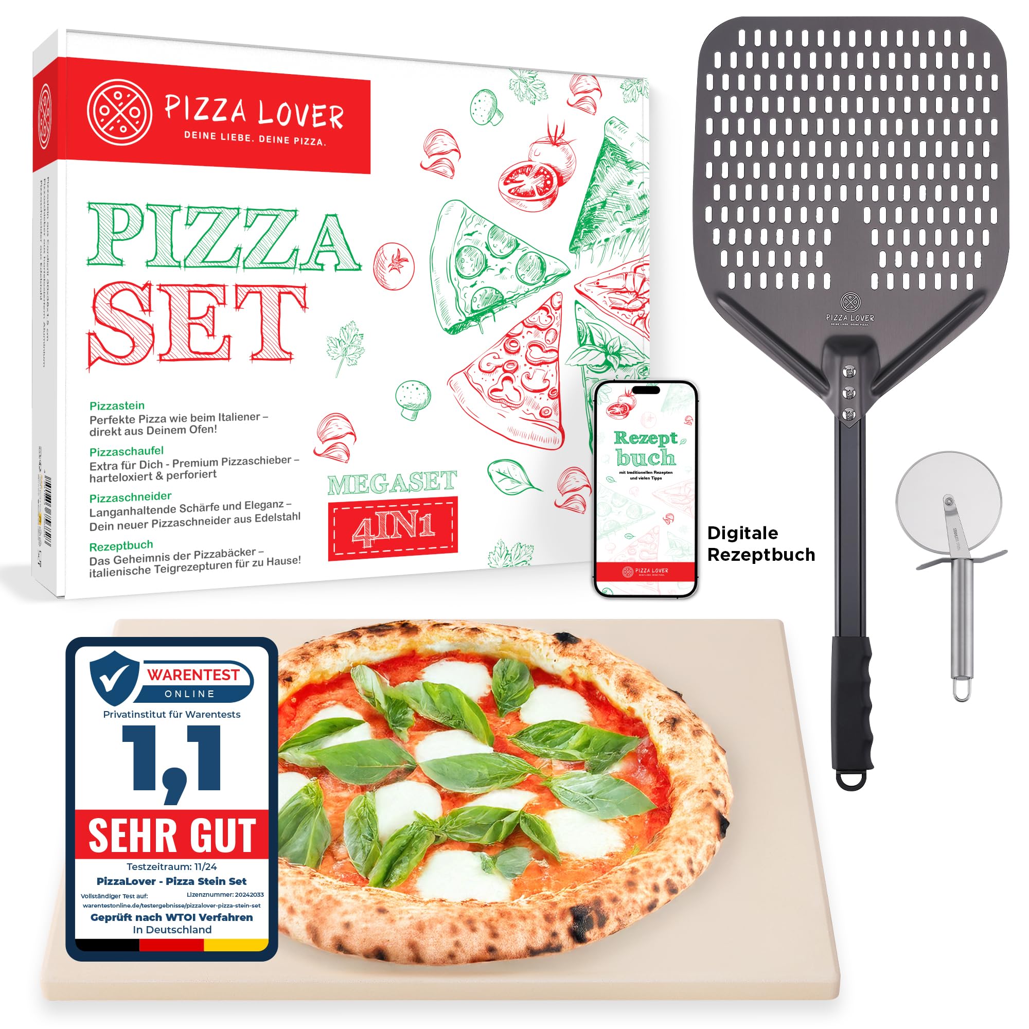 Pizza Lover Premium Pizzastein-Set für Backofen & Grill – 4in1 – inkl. perforiertem Pizzaschieber (harteloxiert) + Pizzastein bis 800°C aus Cordierit + Pizzaschneider & Rezeptbuch