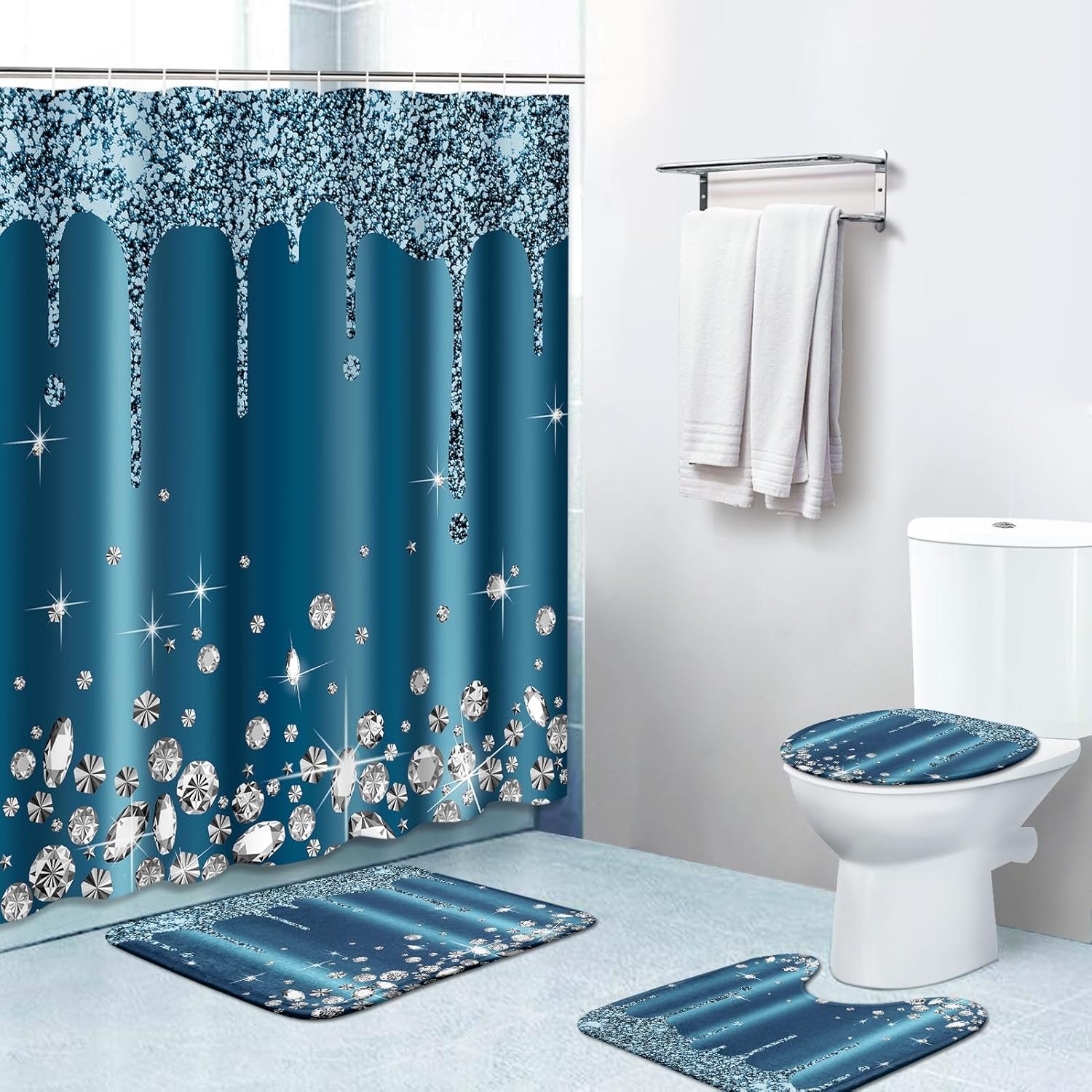 4 Piece Shower Curtain Sets, Blue Diamond Crystal Stone