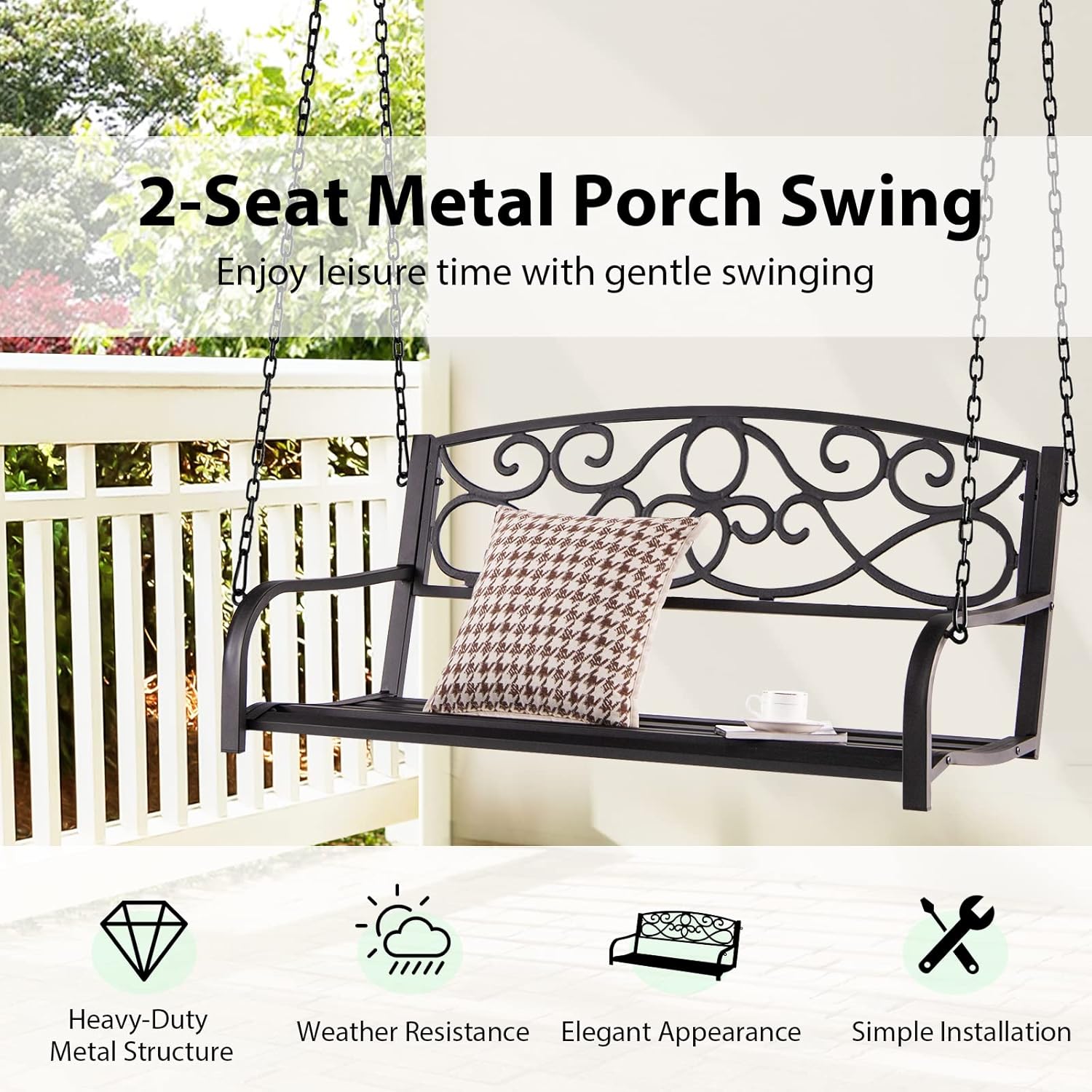 Giantex Metal Porch Swings 2 Person Outdoor Hanging Garden Bench with Sturdy Chains, Wide Seat & Curved Armrests, 485 Lbs Weight Capacity Swing Loveseat for Deck, Backyard Patio Swing Chair (Brown)