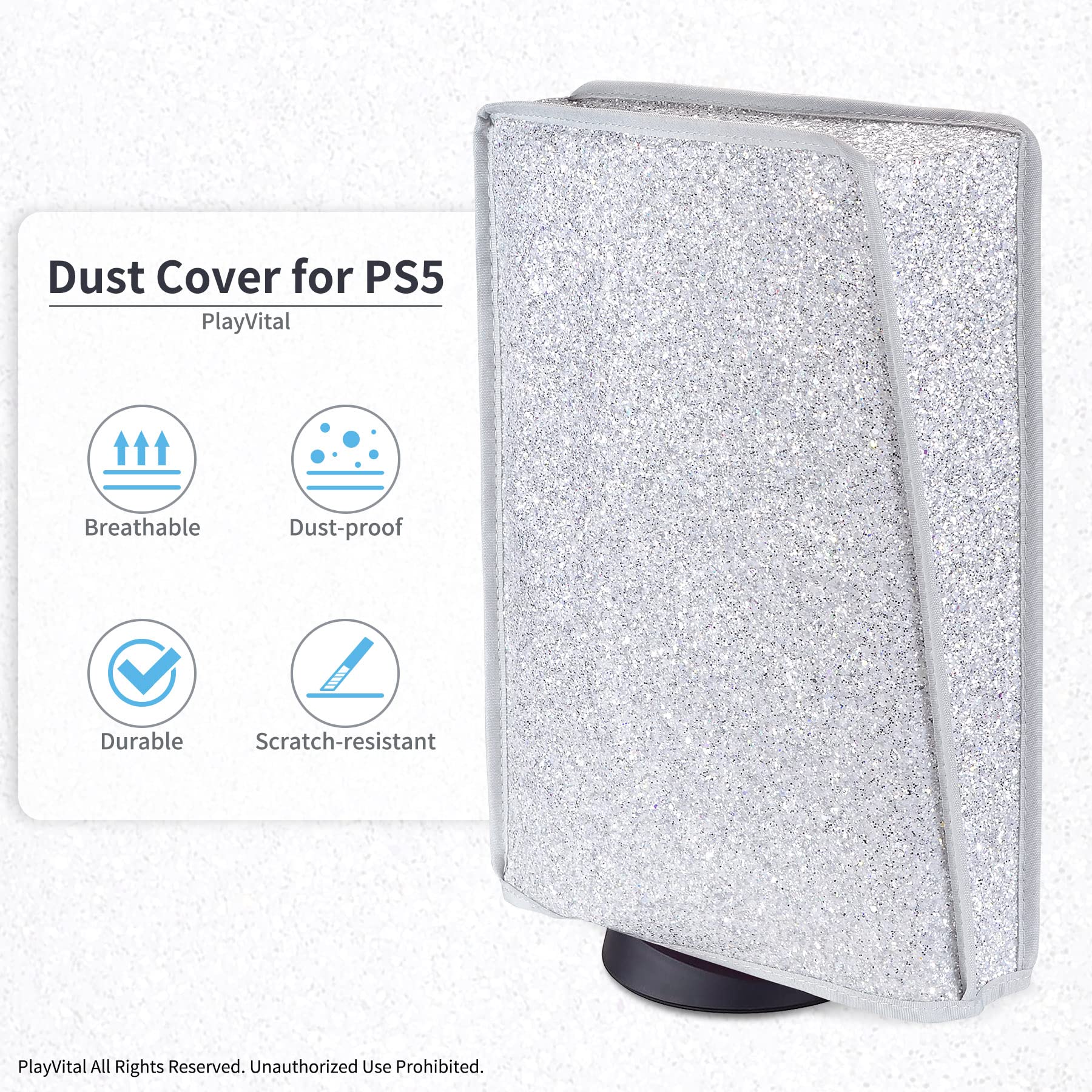 PlayVital Cover per ps5 Console, Copertura Antipolvere Impermeabile Verticale in Nylon per ps5 Standard Console Disc&Digital Edition (Non per Slim/Pro),Argento Scintillante
