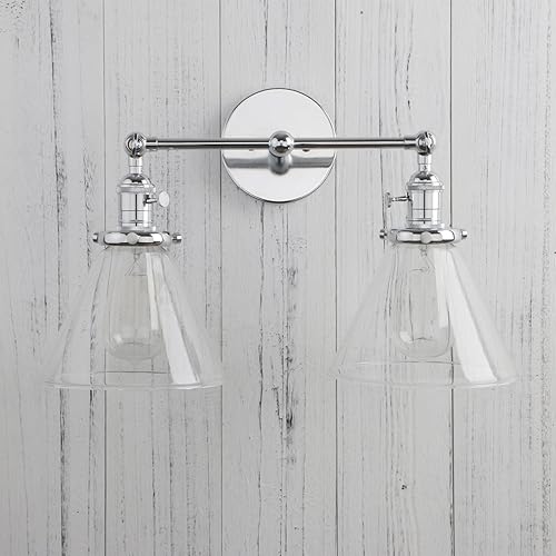 Miniatura 5 de Permo Aplique doble vintage industrial antiguo de 2 luces apliques de pared con embudo de vidrio transparente acampanado (cromado)