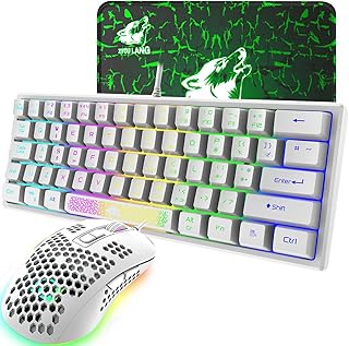 K61 UK Layout RGB 60% Gaming Keyboard Mouse Set Wired 62 Keys Mini Portable Keyboard 7 RGB LED Backlit 19 key Anti-ghosting + 2400 DPI Ultralight Gaming Mouse Honeycomb Shell +Mouse Pad -White