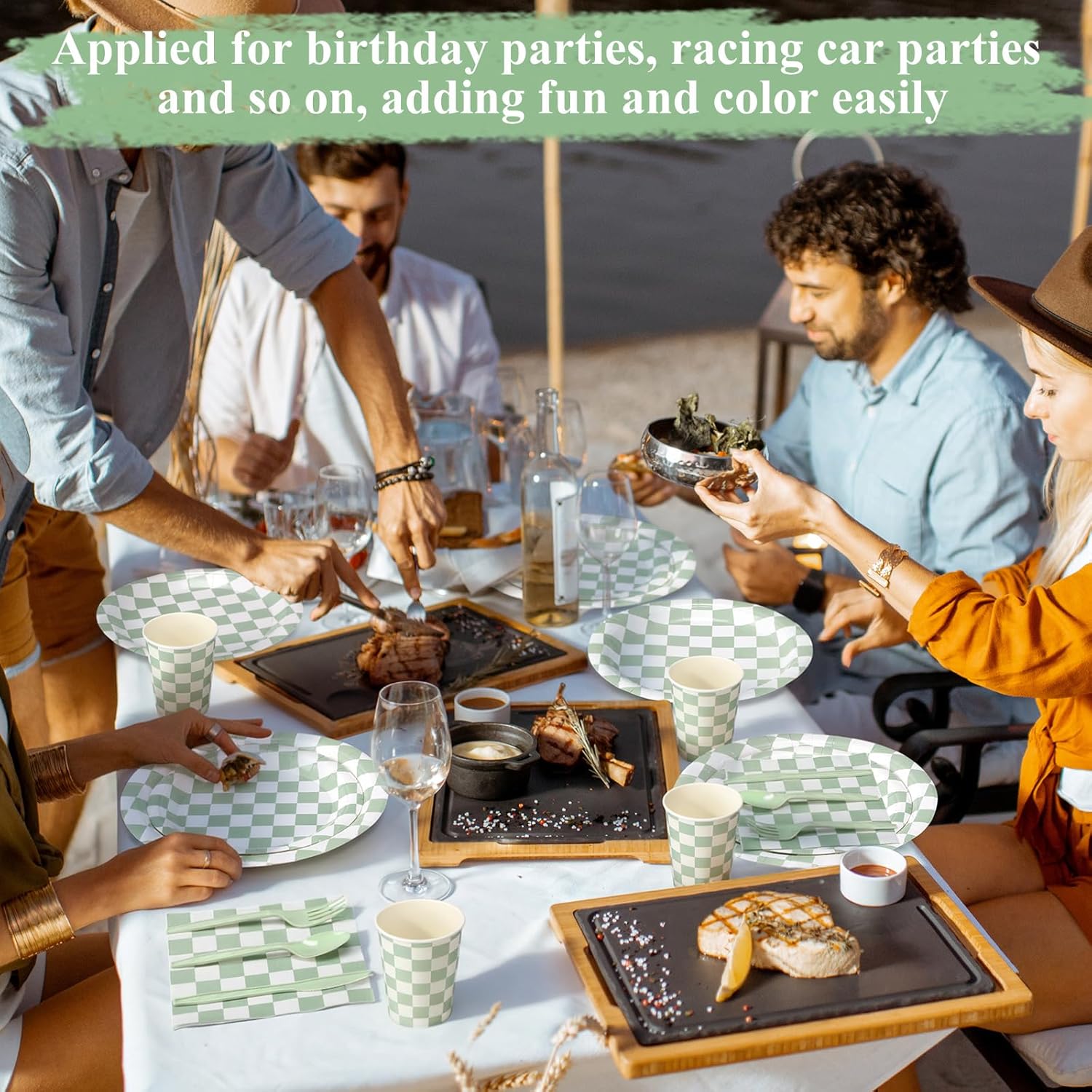 Pickmesh 400 Pcs Sage Green and White Checkered Party Decorations Set Light Green Gingham Disposable Paper Plates Napkins Cups Cutlery Plaid Party Decorations for Baby Shower Wedding Birthday Serve 50