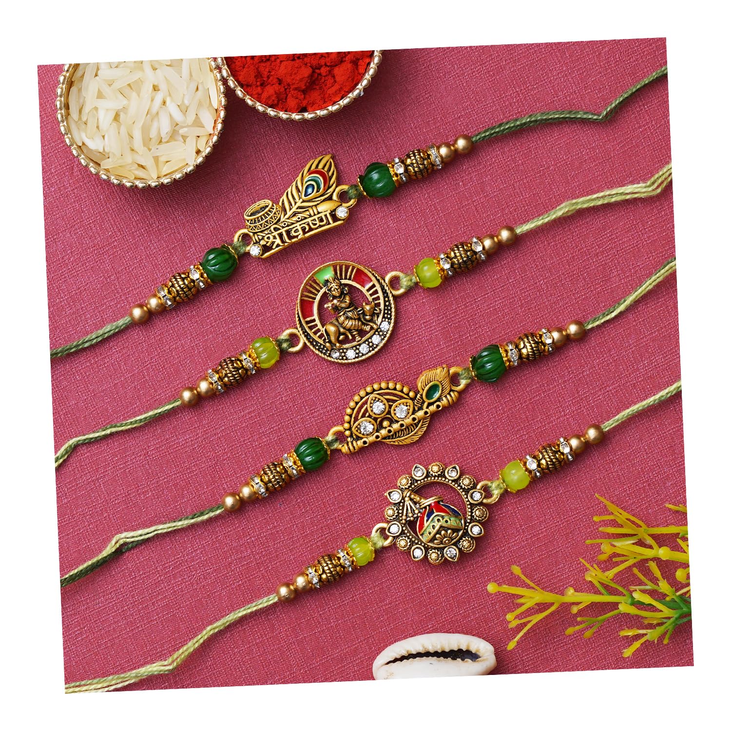 eCraftIndia Set of 4 Multicolor Kalash Flute, Krishna Playing Flute with Cow, Shri Krishna, Flute & Peacock Feathers Religious Designer Rakhis for Brother, Bhabhi, Kids with Roli Chawal Pack (B0CYXDXQJK) Amazon Price History, Amazon Price Tracker
