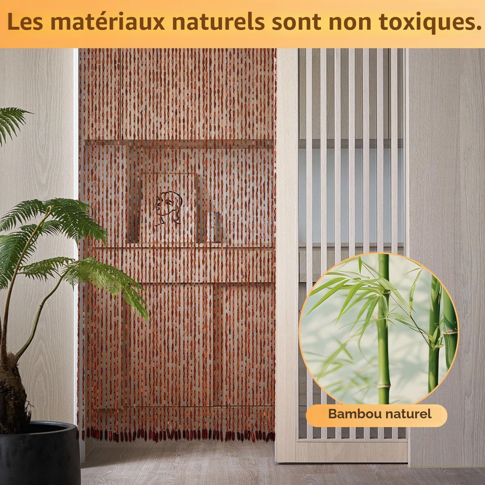 Rideau de porte en perles de balcon, 90 x 200 cm, style bambou, avec 52 brins, moustiquaire en perles en bois, pour balcon, chambre à coucher, camping, rideau de porte décoratif fabriqué à la