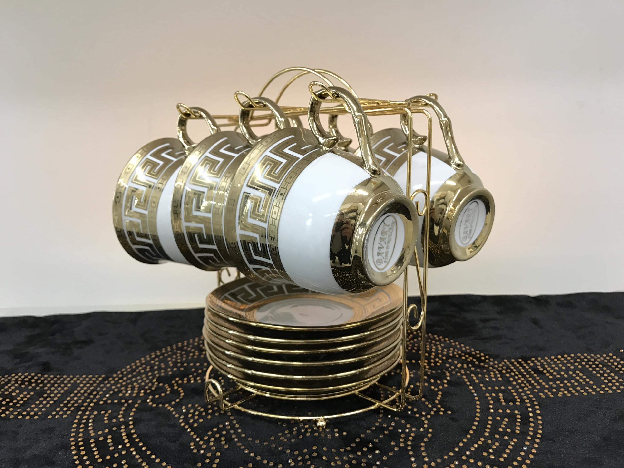Porcelanowy serwis do kawy, zestaw filiżanek do kawy dla 6 osób, 13-częściowy zestaw filiżanek do kawy, latte cappuccino, metalowy stojak, Meduza Meander, 6 x filiżanki + 6 x spodek