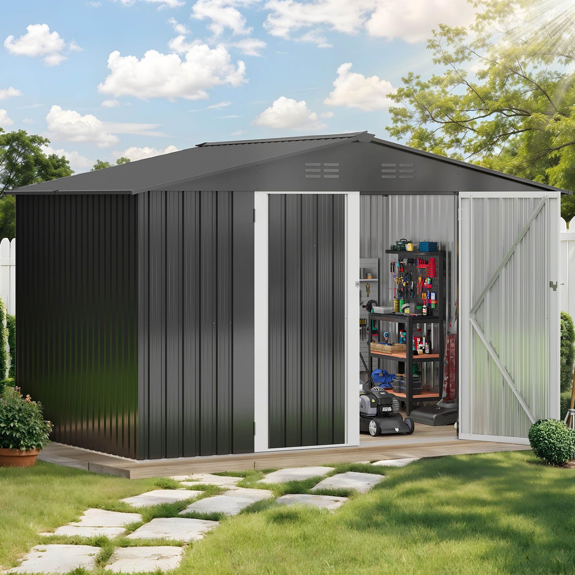 DWVO Metall Gerätehaus 10x8 Fuß 292x225x194 cm wasserdichter Gartenschuppen abschließbare Tür Belüftung Dunkelgrau