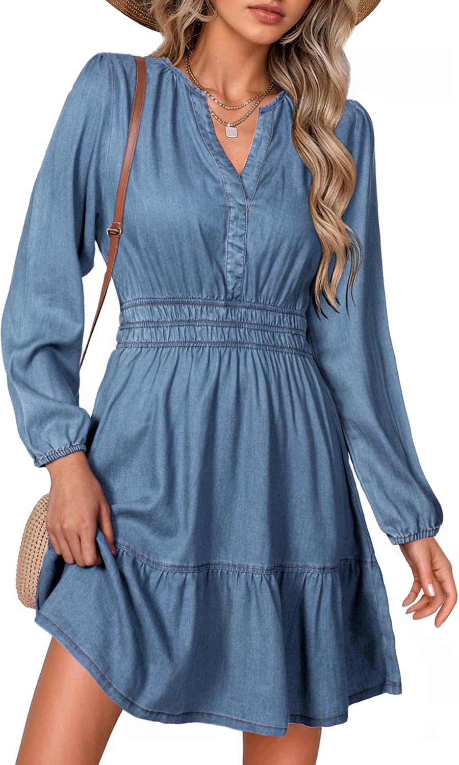 Simplee Womens Fall Denim Dress Casual Long Sleeve V Neck Empire Waist Ruffle A Line Flowy Short Jean Dresses with Pockets