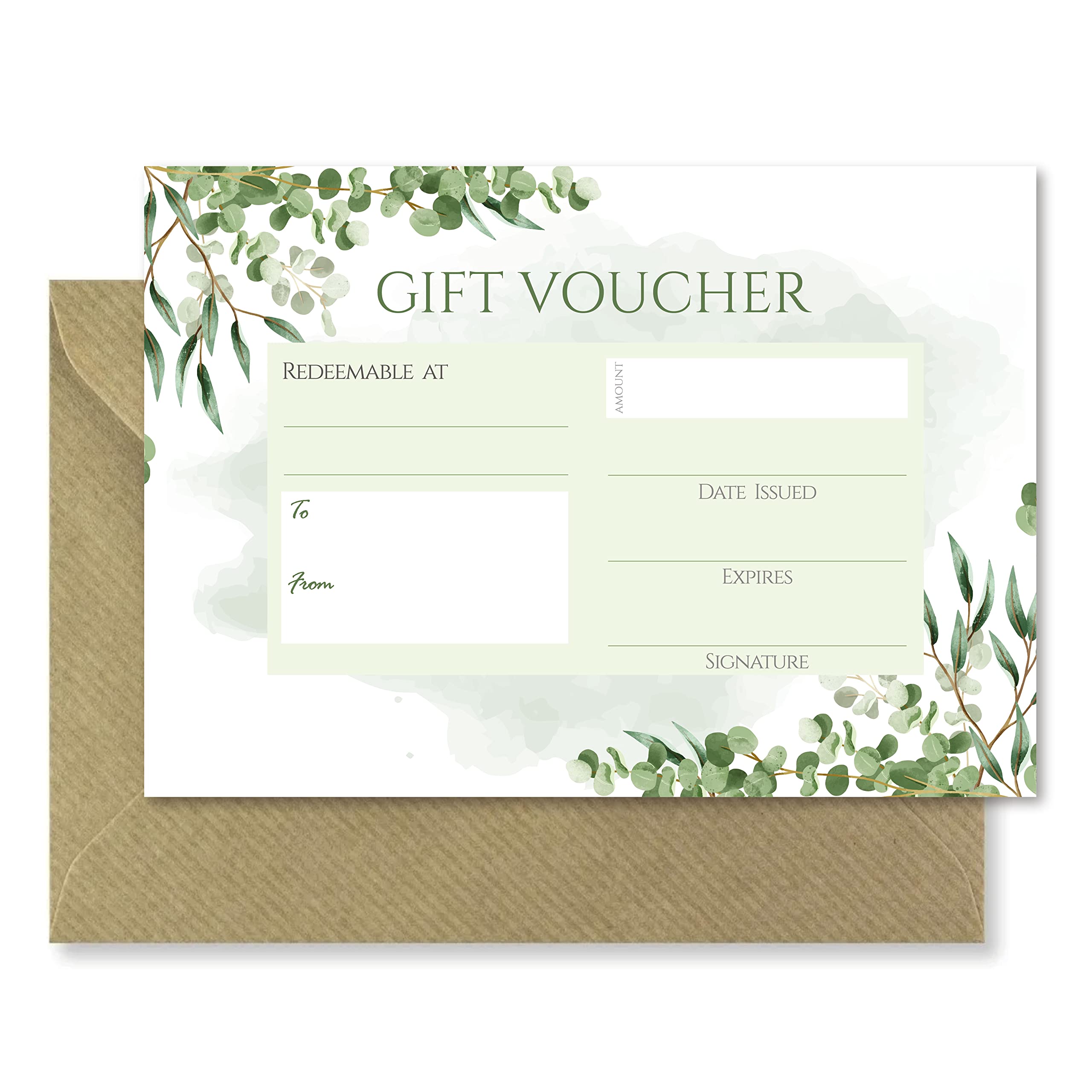 10 x Blank Green Botanical Gift Vouchers & Envelopes, Double Sided Watercolour Leaf Design Tokens, Salon, Beauty, Hair