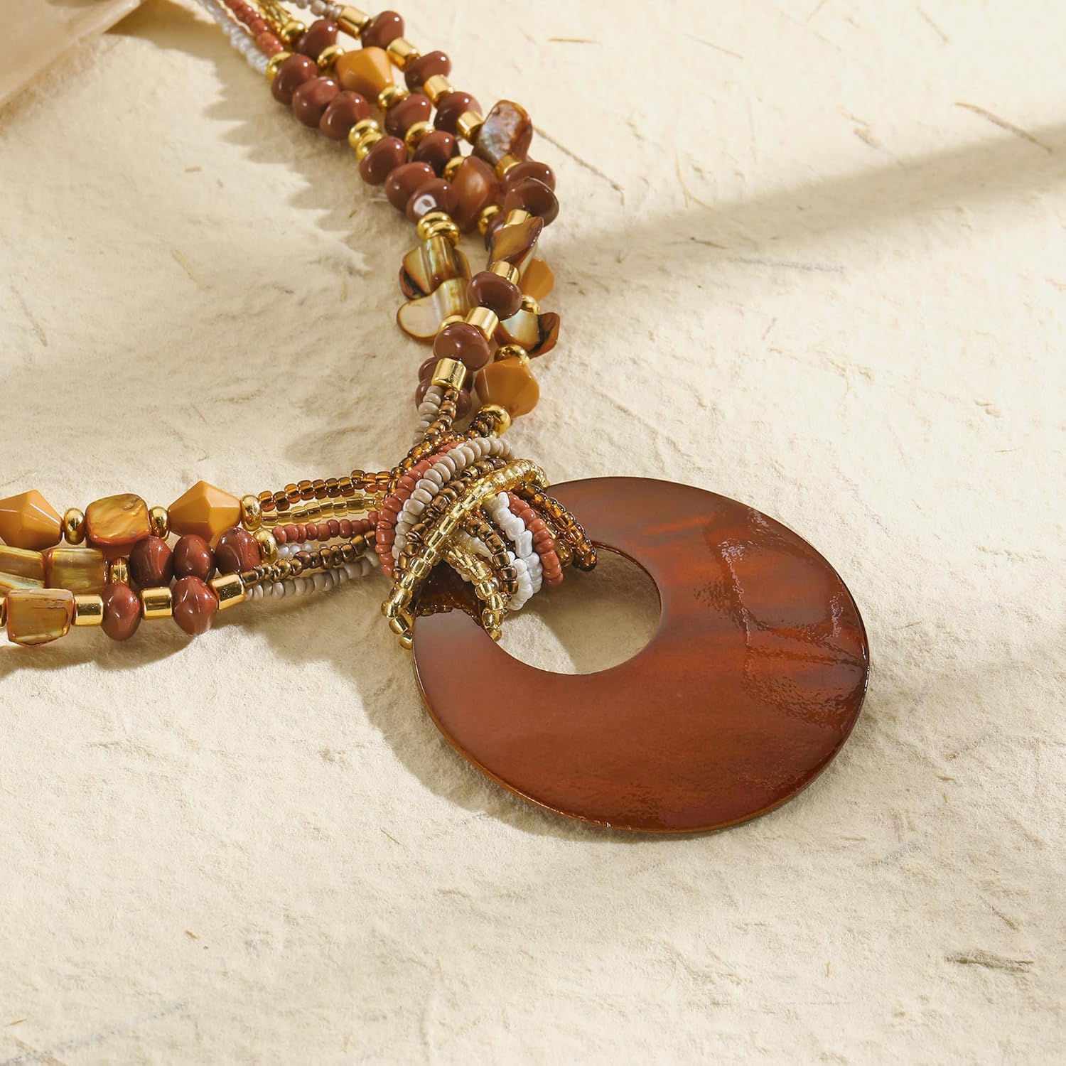 Coiris Shell Pendant Statement Strand Necklace for Women Boho Multi Beads Natural Stone Colorful Necklace Bohemian Handmade Chunky Shell Beaded Collar Jewelry for Women - Image 6