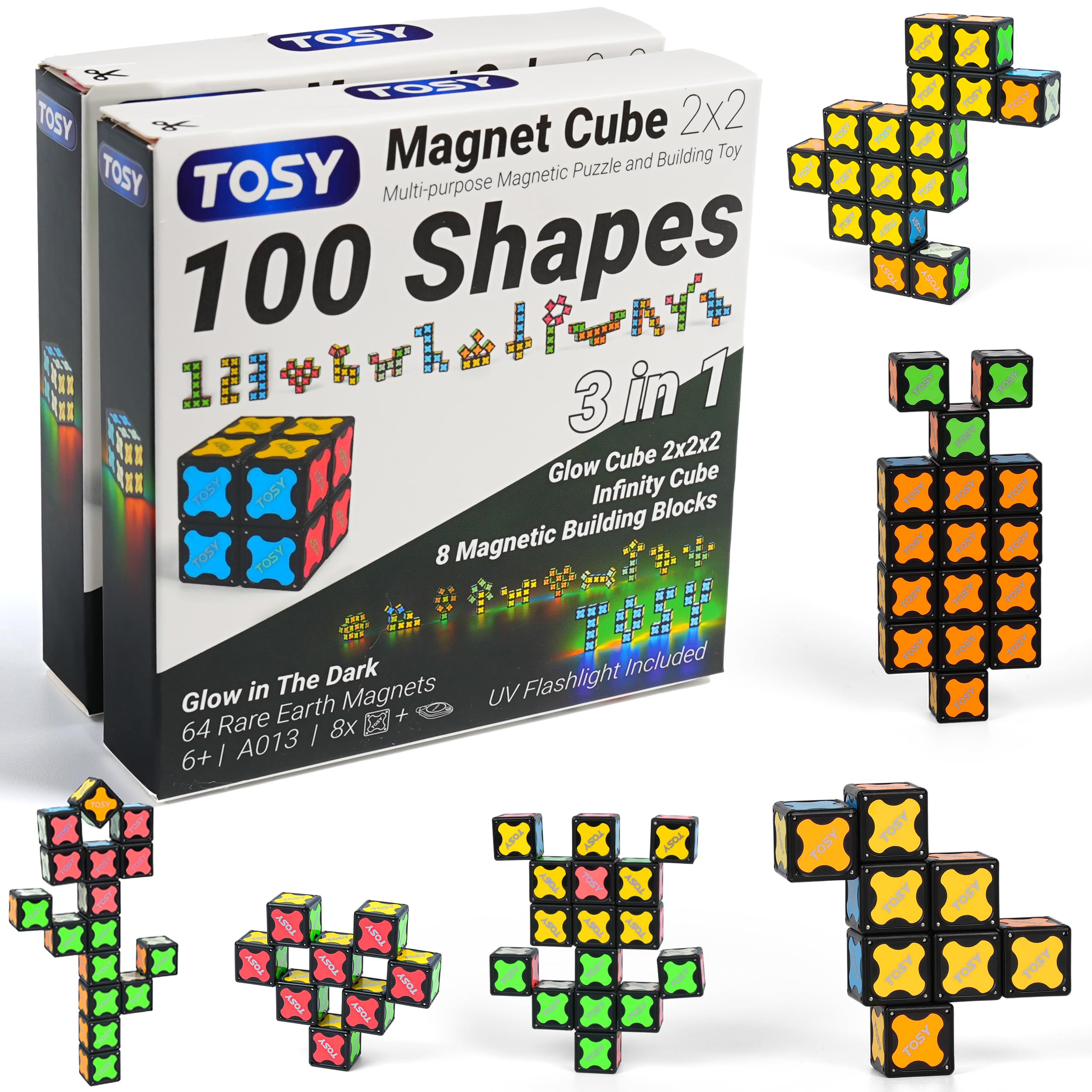 TOSY Magnet Cube 2x2 – 8 Bausteine, 2-in-1: 2x2x2 Puzzlewürfel & anpassbarer Infinity-Würfel, Leuchtend mit UV-Taschenlampe, Ostergeschenk für Kinder/Enkel, STEM-Spielzeug, 2er-Pack