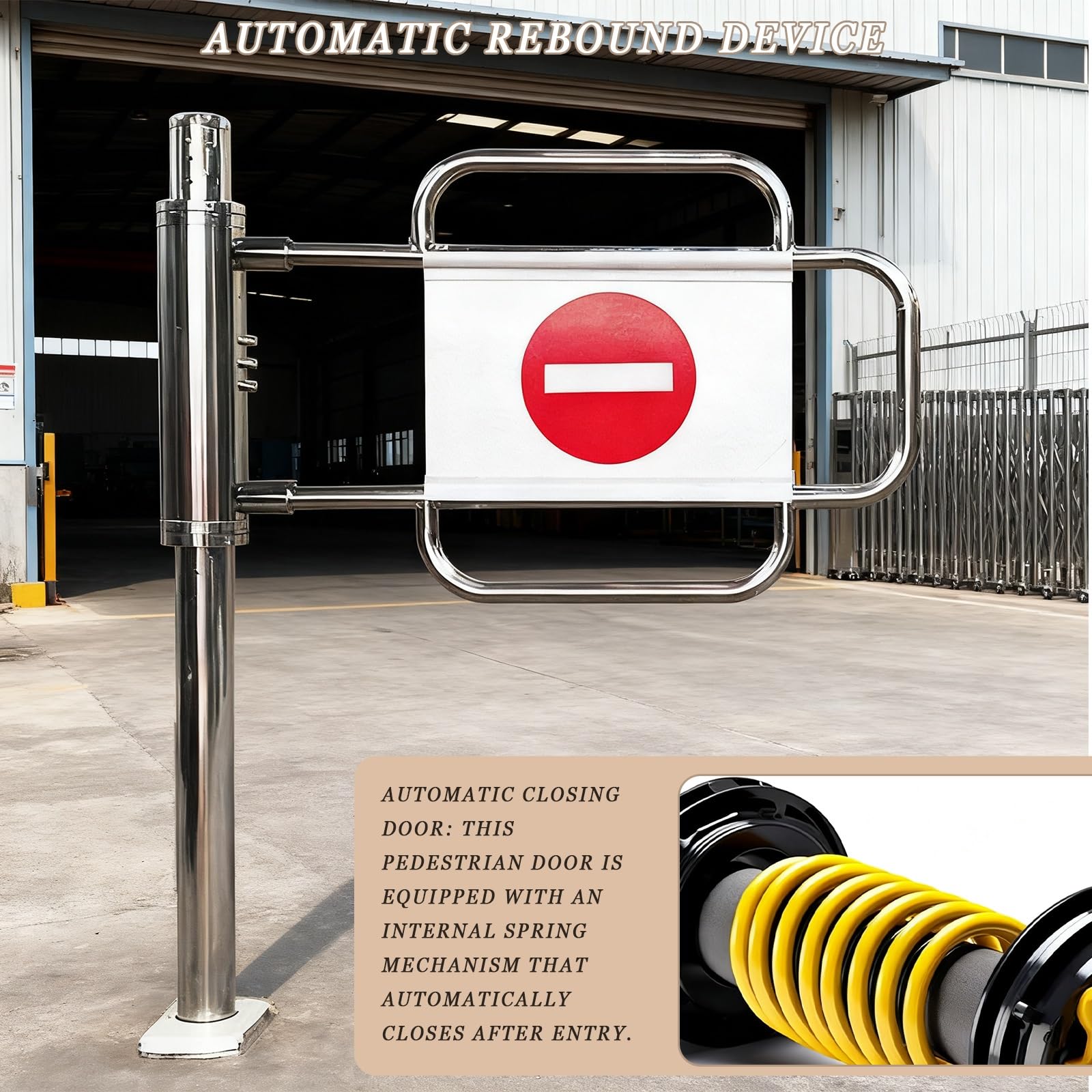 Puerta de cierre automático para acceso peatonal y peatonal, barrera de control de entrada unidireccional para almacenes y soluciones de acceso seguro.