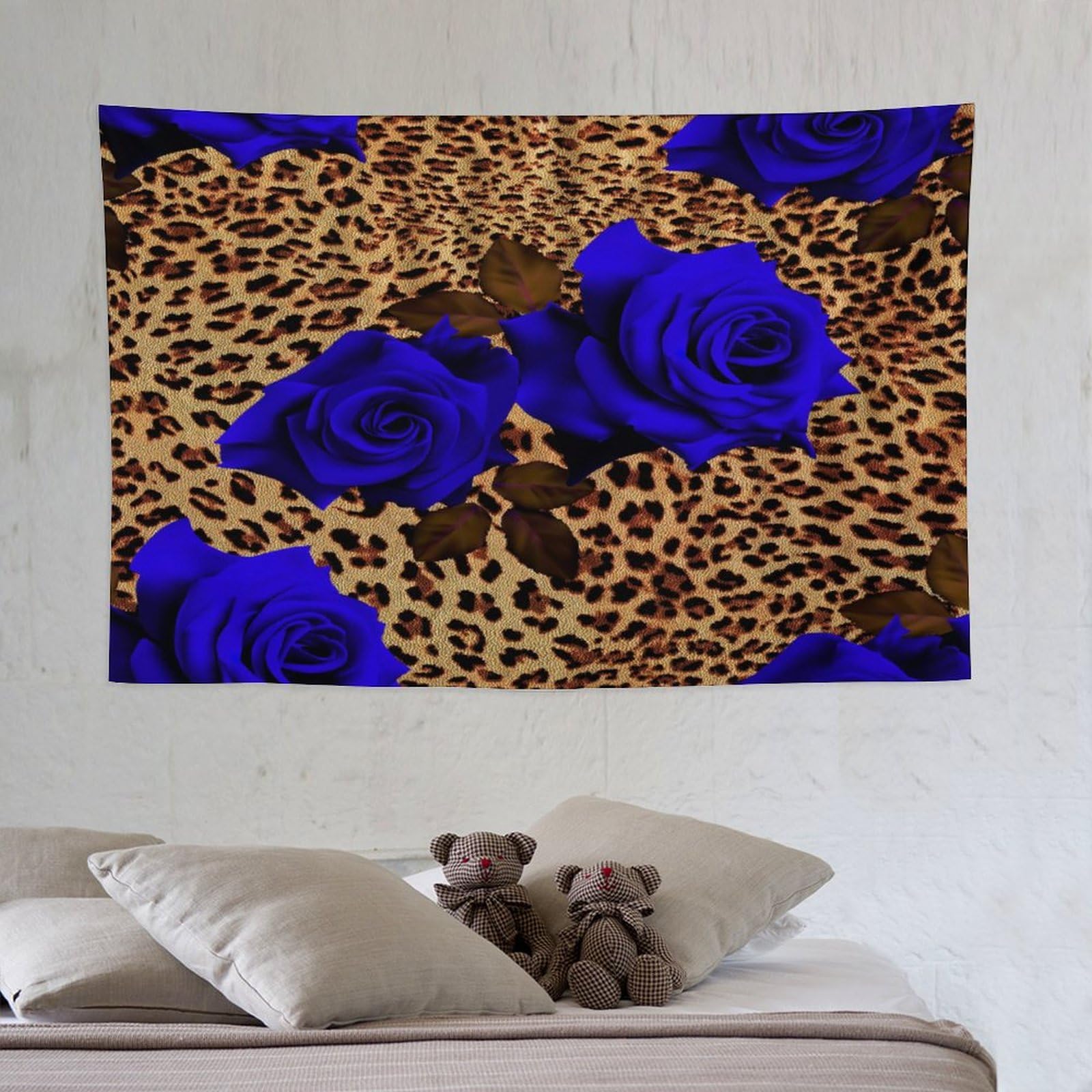 ZhiRain Leopard Flower Tapestry Wall Hanging Blue Rose Floral Wild Animal Skin Cheetah Valentine Tapestries Home Decor for Living Room Bedroom