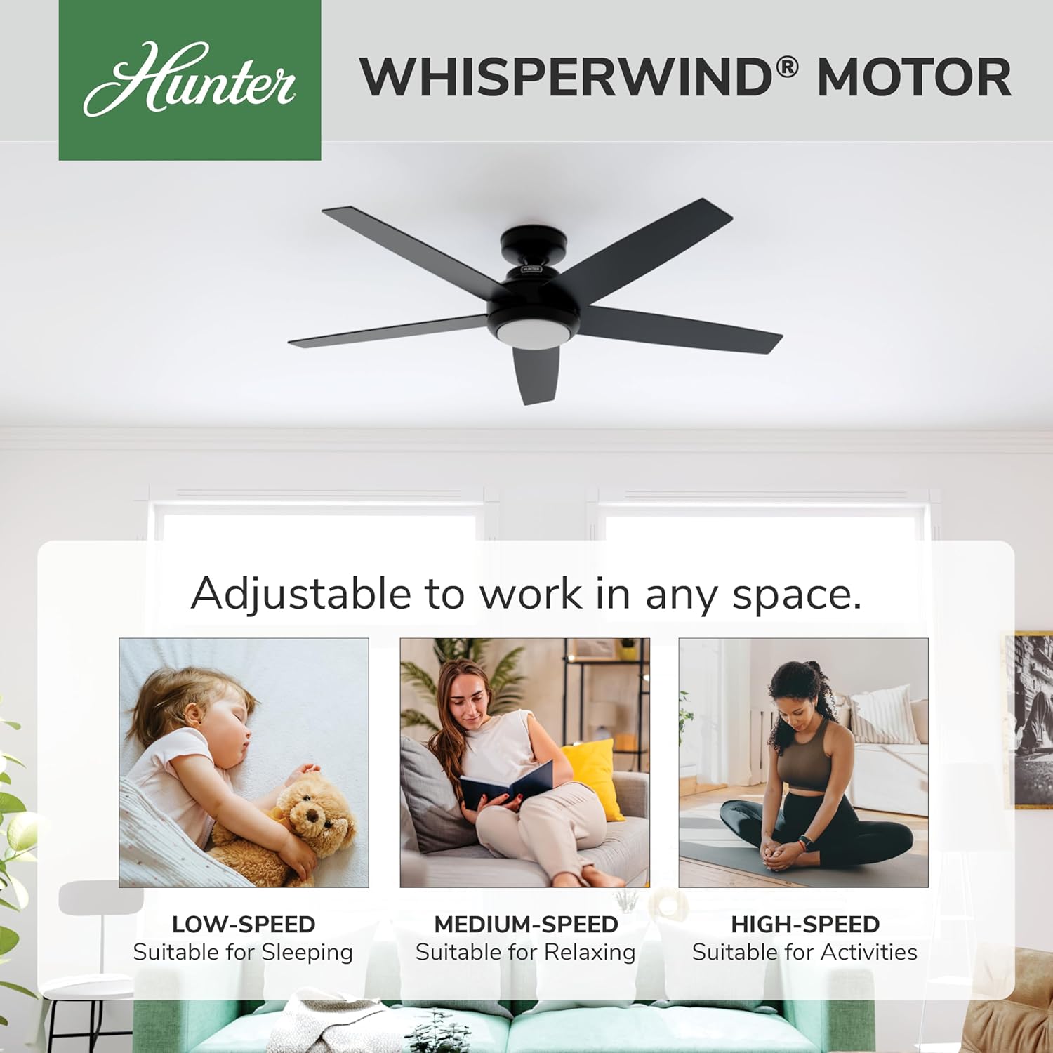 Hunter 52 inch Indoor Ceiling Fan with LED Light and Remote Control - Black Ceiling Fan, Standard Mount, 5 Blades, For Bedroom, Living Room, or Kitchen, Quiet - Zayden 51694, Matte Black