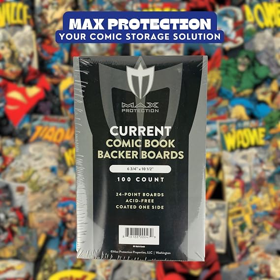 Max Protection Current Size Comic Book Boards - Precision Cut, 24 Point Solid Bleached Sulfate, Coated and Buffered - Perfect for Comic Book Storage and Protection (100 Boards)