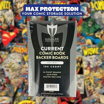 Max Protection Current Size Comic Book Boards - Precision Cut, 24 Point Solid Bleached Sulfate, Coated and Buffered - Perfect for Comic Book Storage and Protection (100 Boards)