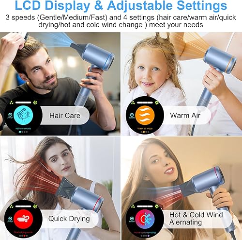 Miniatura 3 de Secador de pelo, 150000 RPM de alta velocidad sin escobillas, motor iónico negativo de secado rápido con pantalla LCD, 4 temperaturas y 3