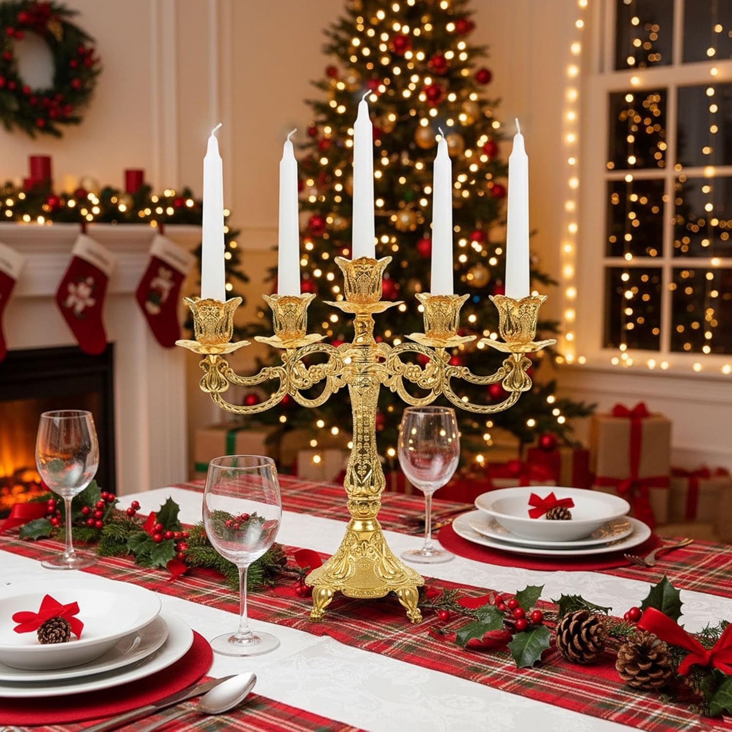 5-Candle Candelabra Metal Candlestick Holder Home Decoration for Weddings, Churches, Halloween, Christmas, Birthday, Wedding, Valentine's Day (A-Gold*2)
