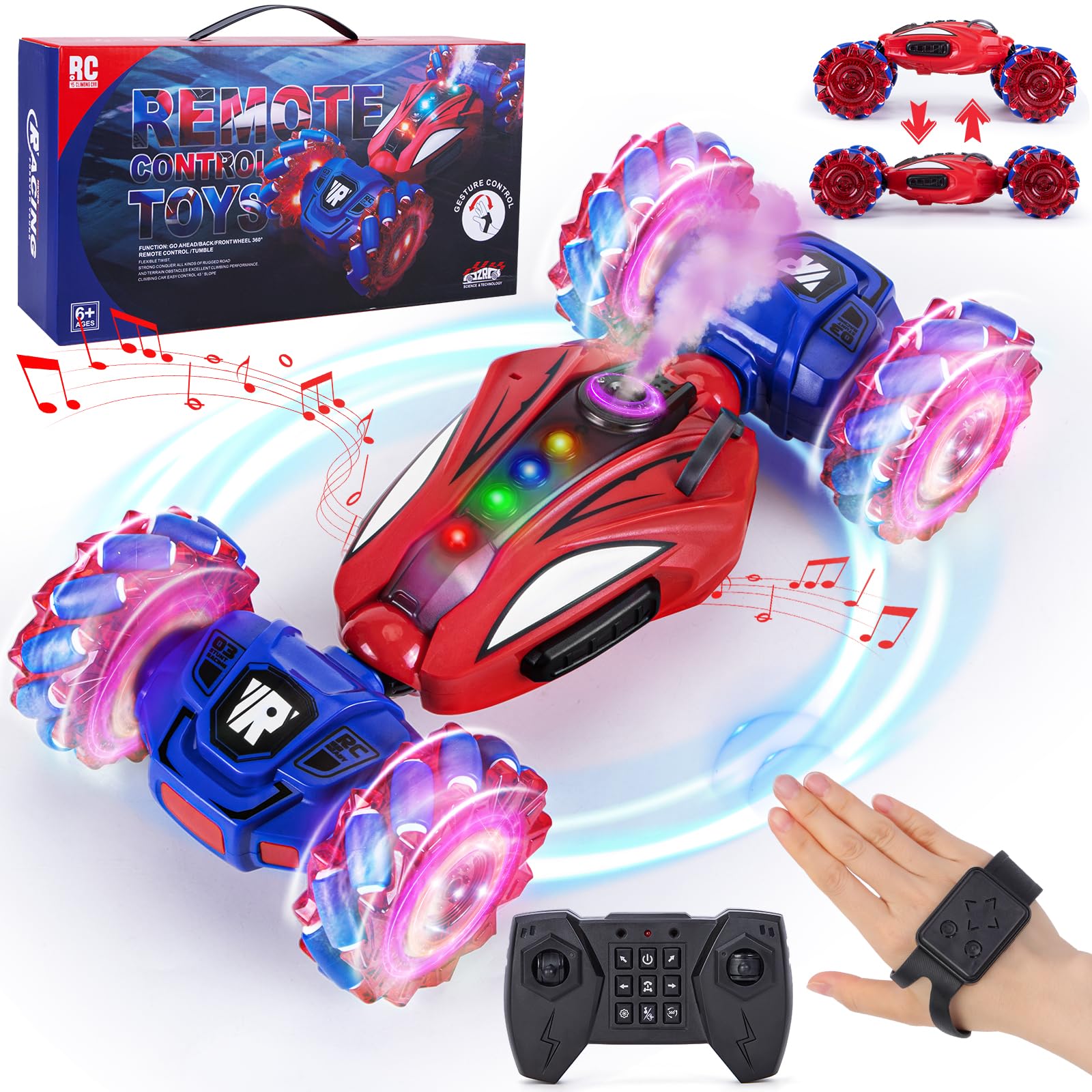 Tecnock 2025 Afstandsbediening Auto met Handbediening, 2,4 Ghz Gebaar Sensing 4WD 360 ° Rotatie RC Drift Auto, 2 Oplaadbare Batterij met Verlichting Geschikt voor Veel Terreinen Gift voor 4-9 Jongens