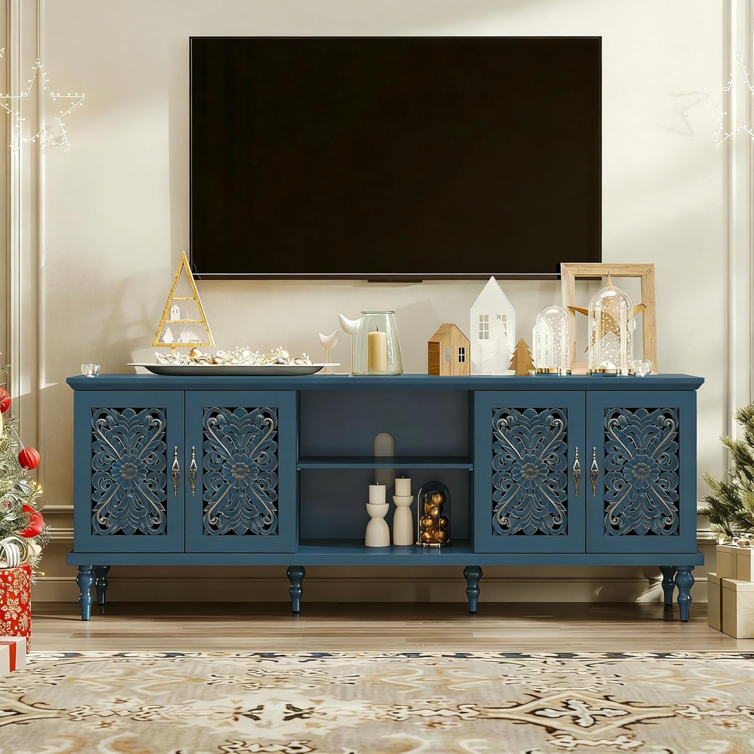 ARTPOWER 67'' Vintage TV Stand with Hollow Carved Doors and Adjustable Shelves, Retro Entertainment Center with Storage, Long TV Consoles for Living Room, Bedroom, Blue
