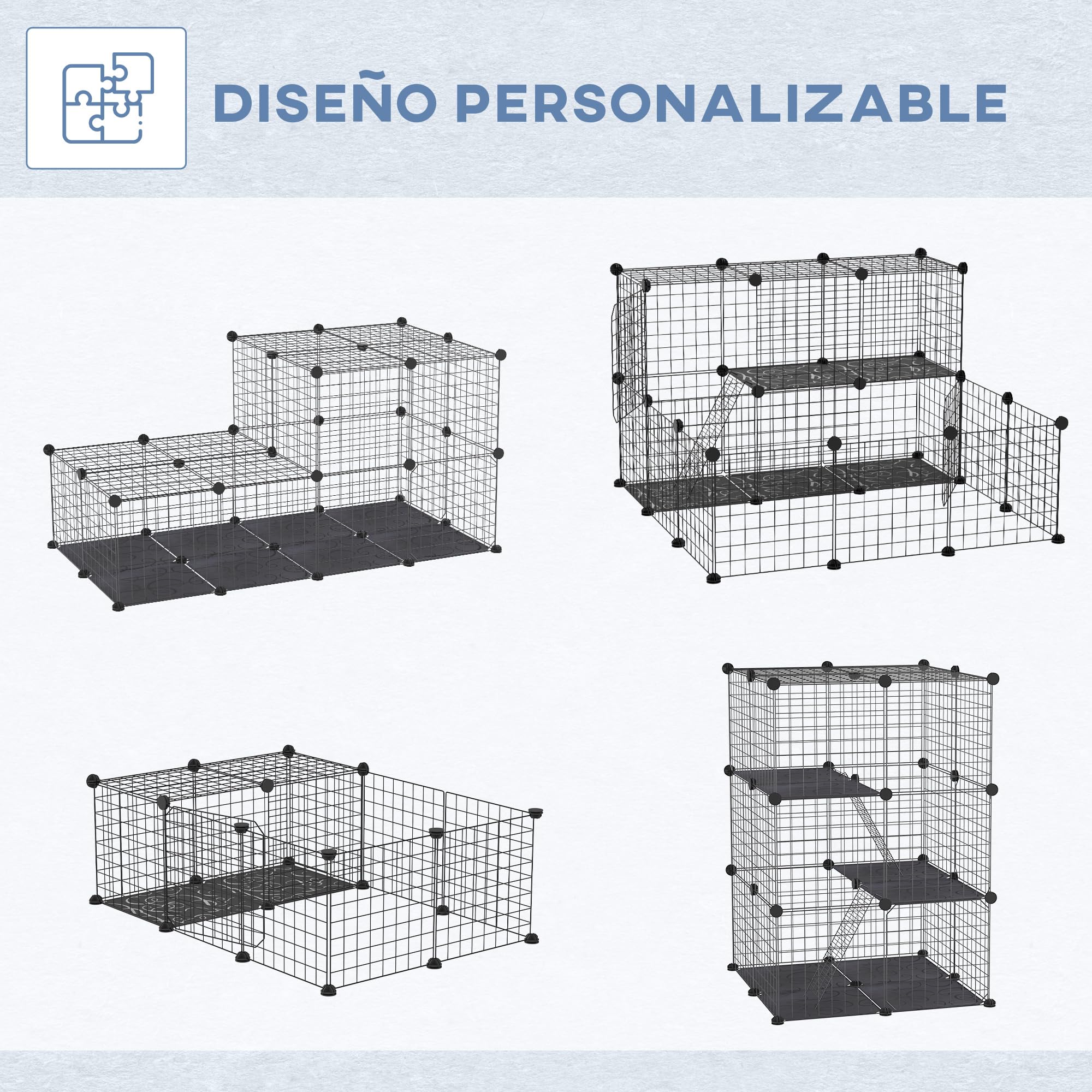 PawHut Jaula para Animales Pequeños de 38 Paneles Parque para Mascotas Forma Personalizable Valla Metálica para Cobayas Conejos Chinchillas 70x70x105 cm Negro