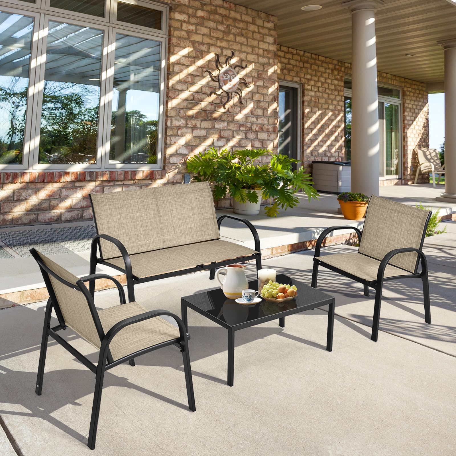 GIANTEX Salon de Jardin Exterieur 4 Pièces, Table Basse en Verre Trempé, 2 Place Canapé, 2 Chaises, Mobilier de Jardin 4 Personnes en Tissu Respirant pour Terrase, Piscine, Patio, Marron