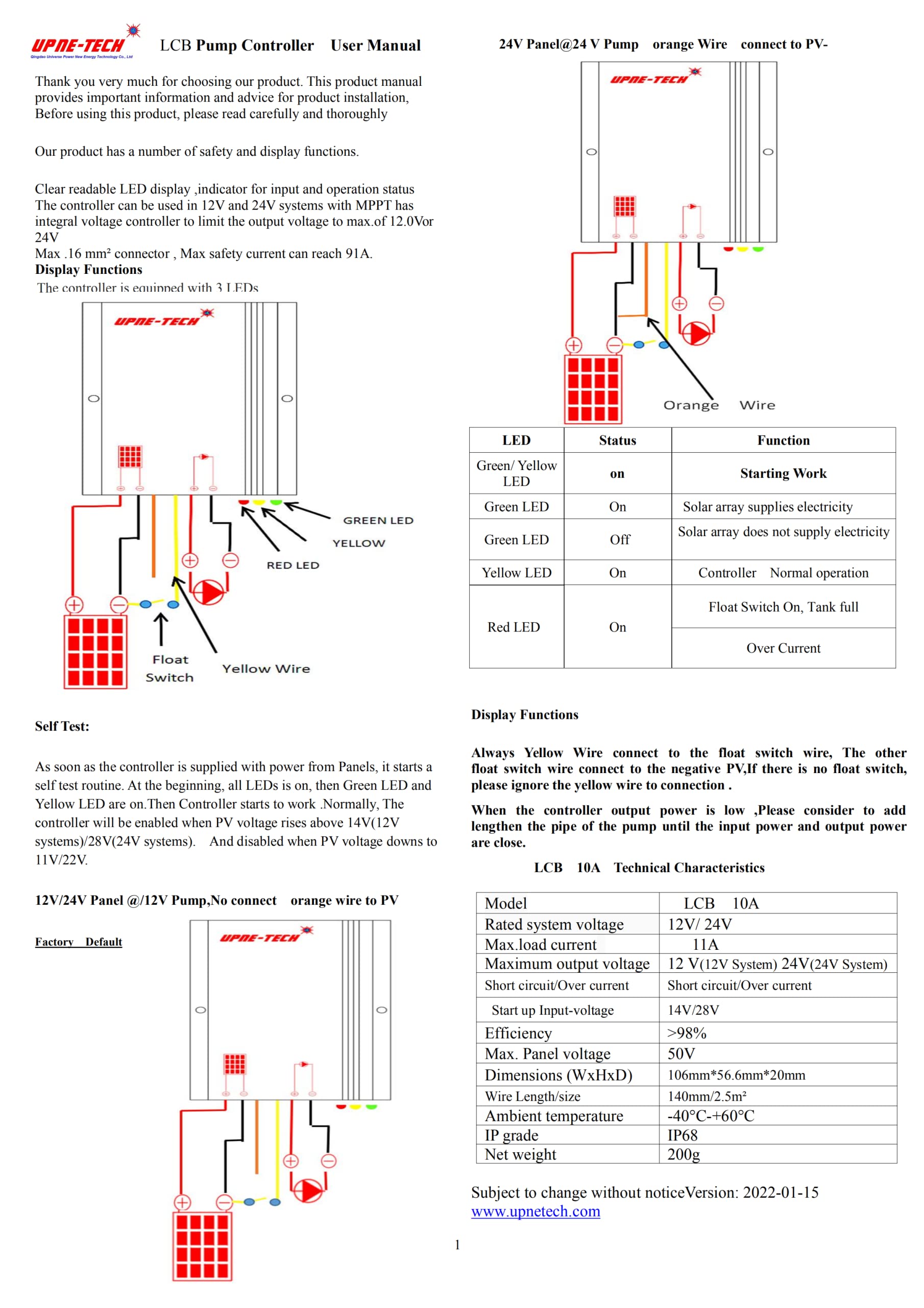 Solarpumpenregler, LCB 10 A mit IP68, Linearstromverstärker für solare Direktpumpanwendungen; Kompatible Modelle: 12 V oder 24 VDC Pumpen; Eingangsspannung: 16 - 50 DC; Verguss-Epoxidharz