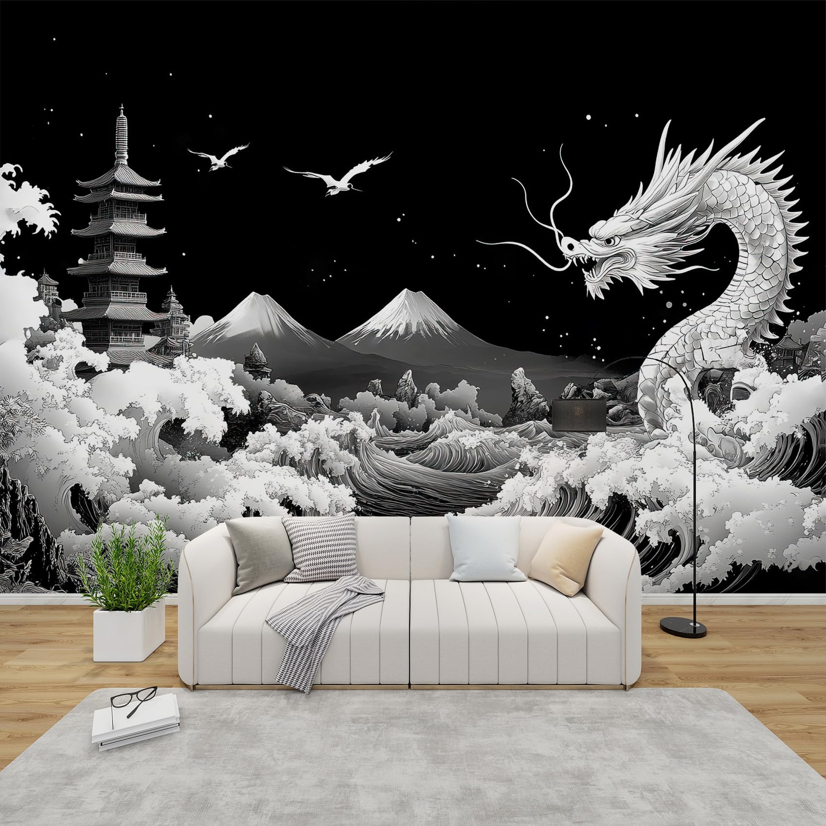 Qeodah Black White Japanese Mural Wallpaper For Living Room, Chinese Dragon Wall Art For Bedroom, Asian Ukiyo-E Wall Murals For Bedrooms, Renter Friendly Removable Waterproof Photo Wallpaper 3D, 400X280 Cm