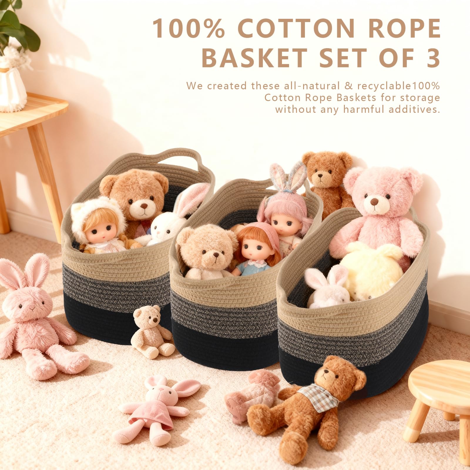 Lot de 3 paniers de rangement tressés en coton - Petits paniers tissés pour salle de bain - Panier décoratif (Brun noir)