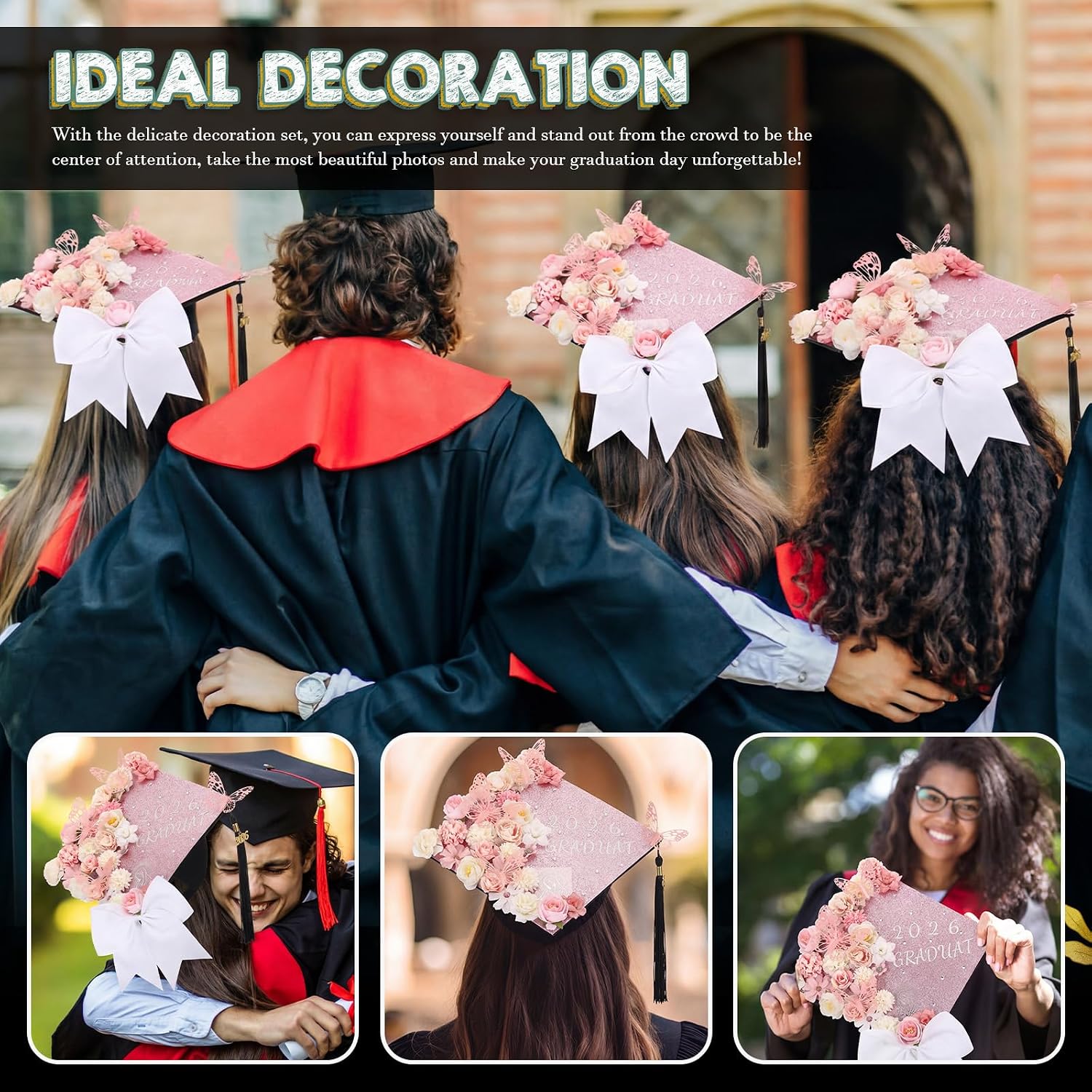 WinnerWhy 65Pcs DIY Our Lady of Guadalupe Mexican Graduation Cap Decorations 2026 Handmade Mexico Grad Hat kit Included Faux Flower Heads Letter 3D Butterfly Stickers for Craft Graduation Cap Topper