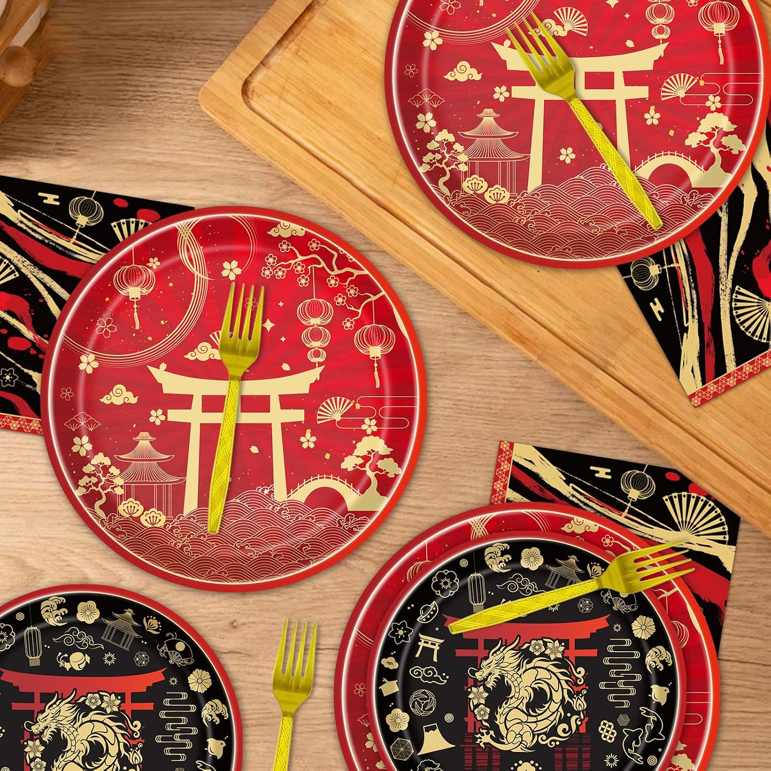 Hibachi Birthday Party Decorations, 96PCS Hibachi Party Plates Napkins and Forks Disposable Dinnerware Set, Japanese Style Chinese Asian Birthday Baby Shower Supplies Decor, Serve 24