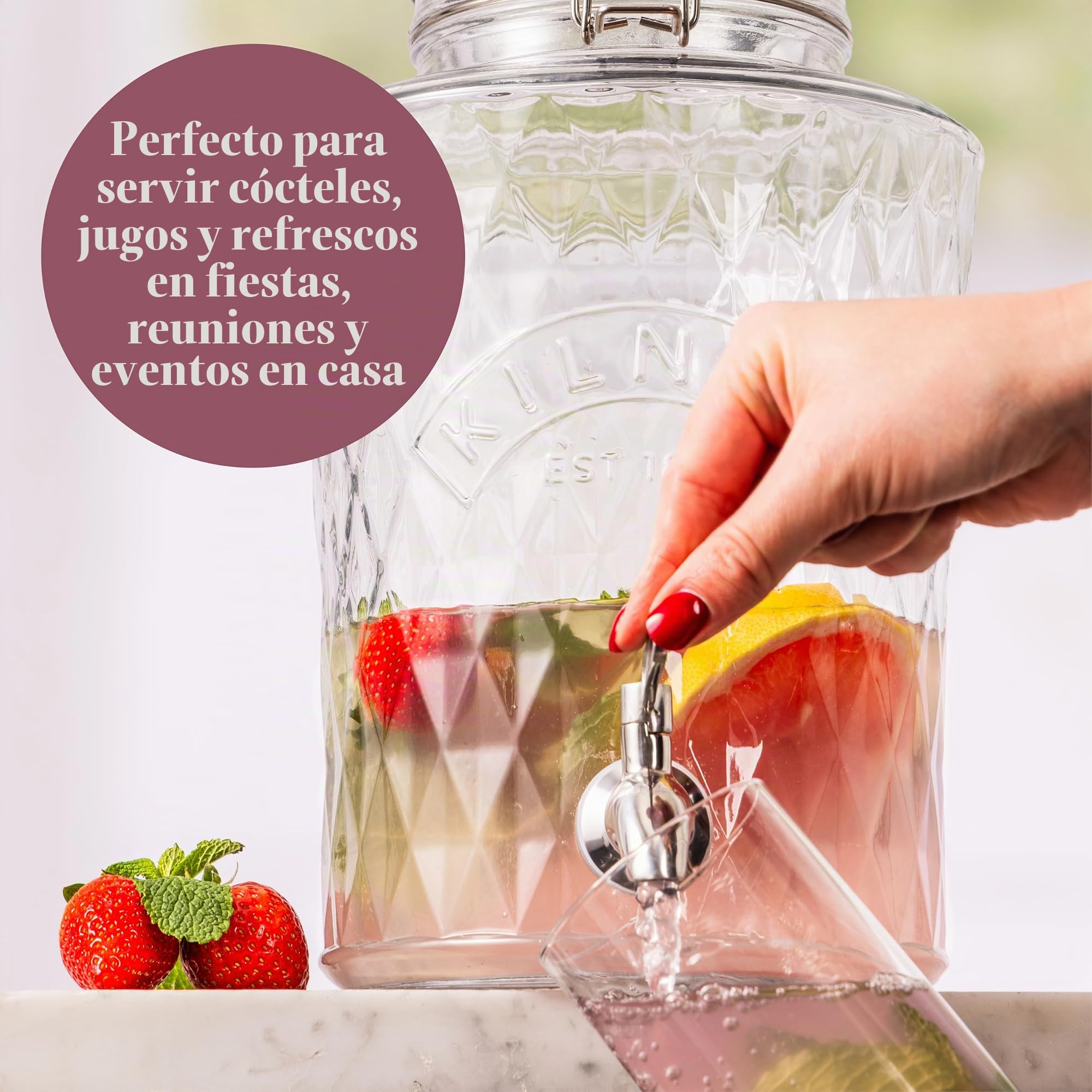 Kilner Diamond - Dispensador de bebidas de cristal de 5 litros con grifo de acero inoxidable, tapa hermética con clip y sello de silicona, ideal para zumos, cócteles y bebidas infundidas