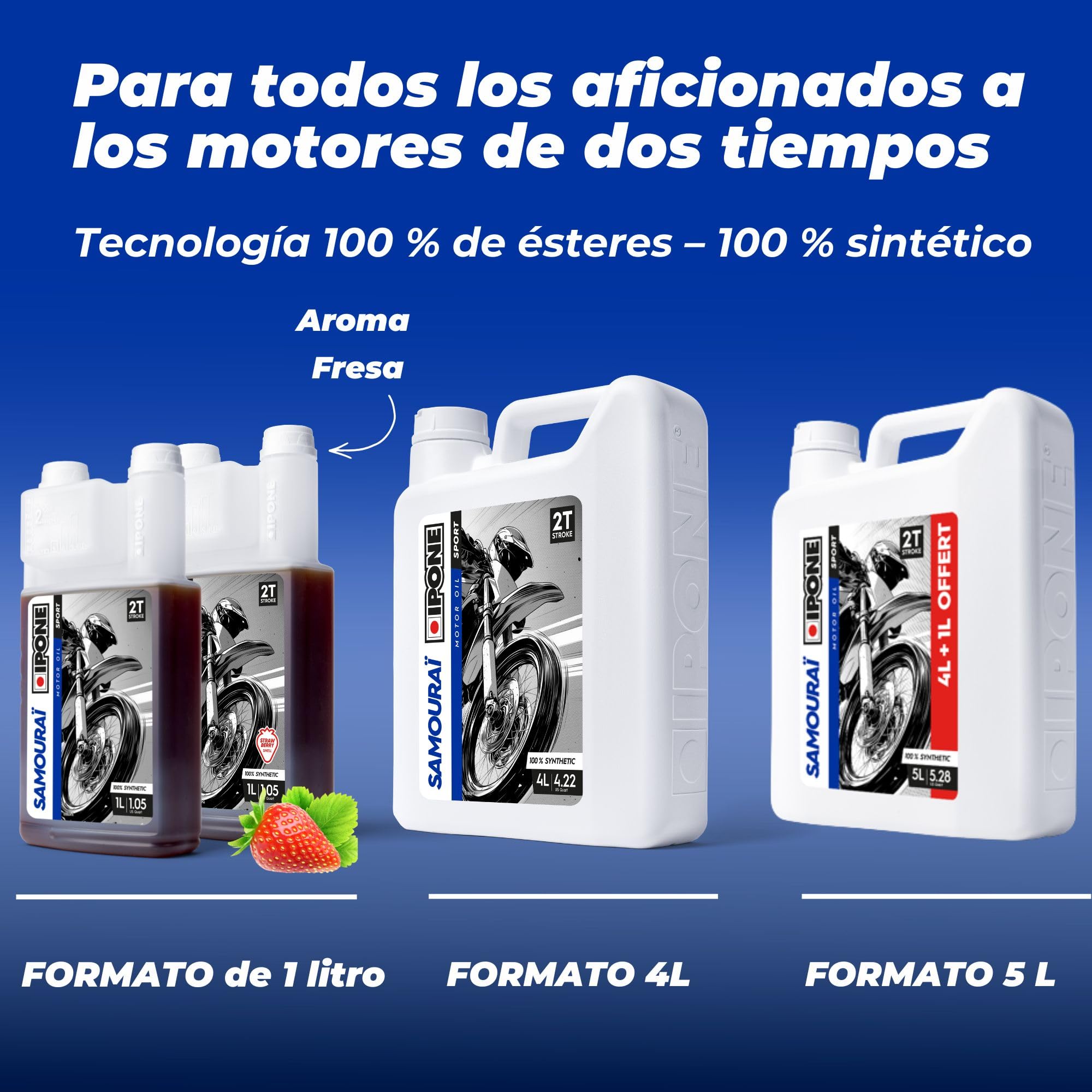 IPONE – Aceite de Motor para Moto 2 Tiempos Samouraï – Bidón dosificador 5 Litros - 100% sintético - Gama Sport - Altísimas prestaciones - Protección óptima del motor - Uso ocio y competición