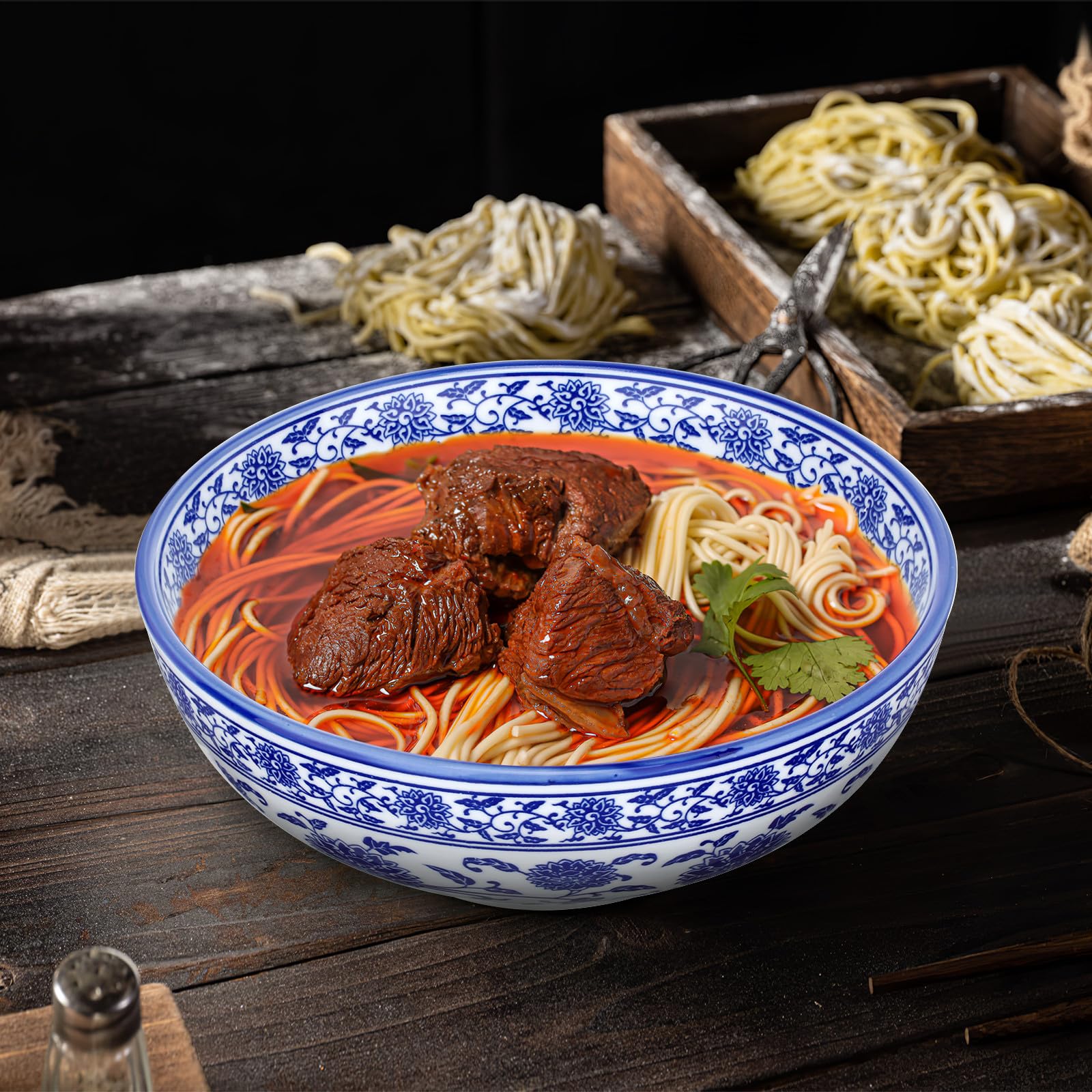 ABOOFAN Cuenco de Cerámica Azul Estilo Porcelana para Servir Ensaladas y Sopas en Restaurantes o Uso Doméstico, Diseño Tradicional Chino Acabado Elegante