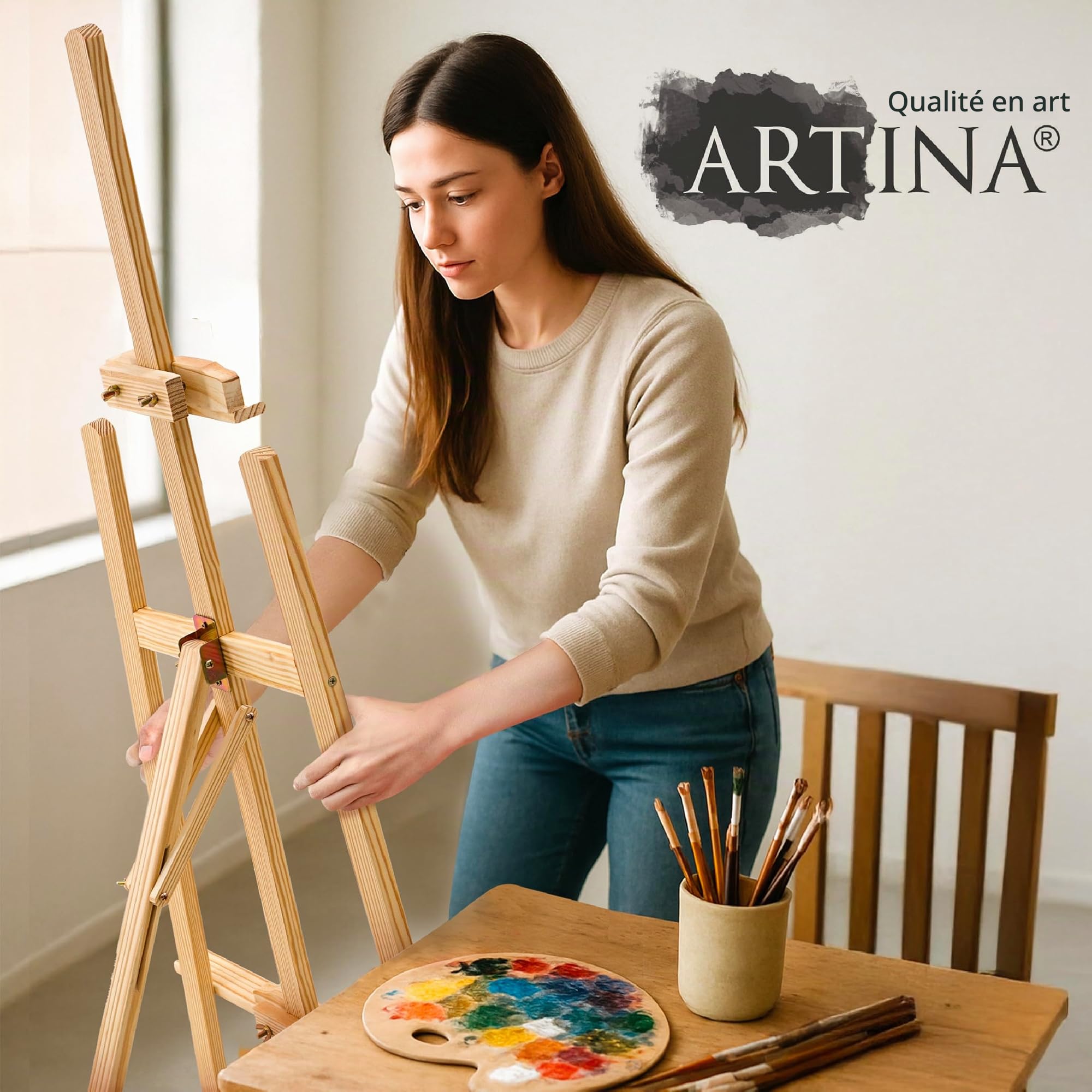 Artina chevalet en bois grand pin FSC® réglable en hauteur pour grands