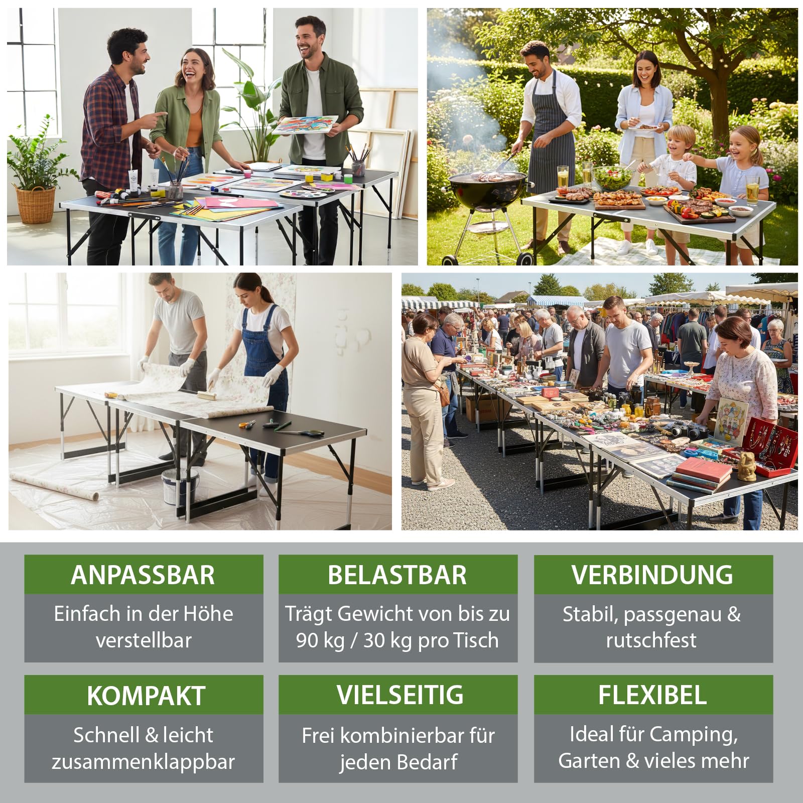 TRUTZHOLM 3-er Set Multifunktionstisch mit Ausziehfunktion 100x60 cm 90kg Gesamtbelastung Tapeziertisch Flohmarkttisch Campingtisch Klapptisch Beistelltisch Grilltisch höhenverstellbar inkl. Verbinder
