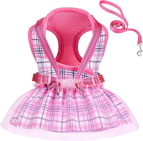 Vestido de arnés para perro con correa, arnés a cuadros para cachorros pequeños, medianos y grandes, chaleco ajustable para mascotas, color rosa,