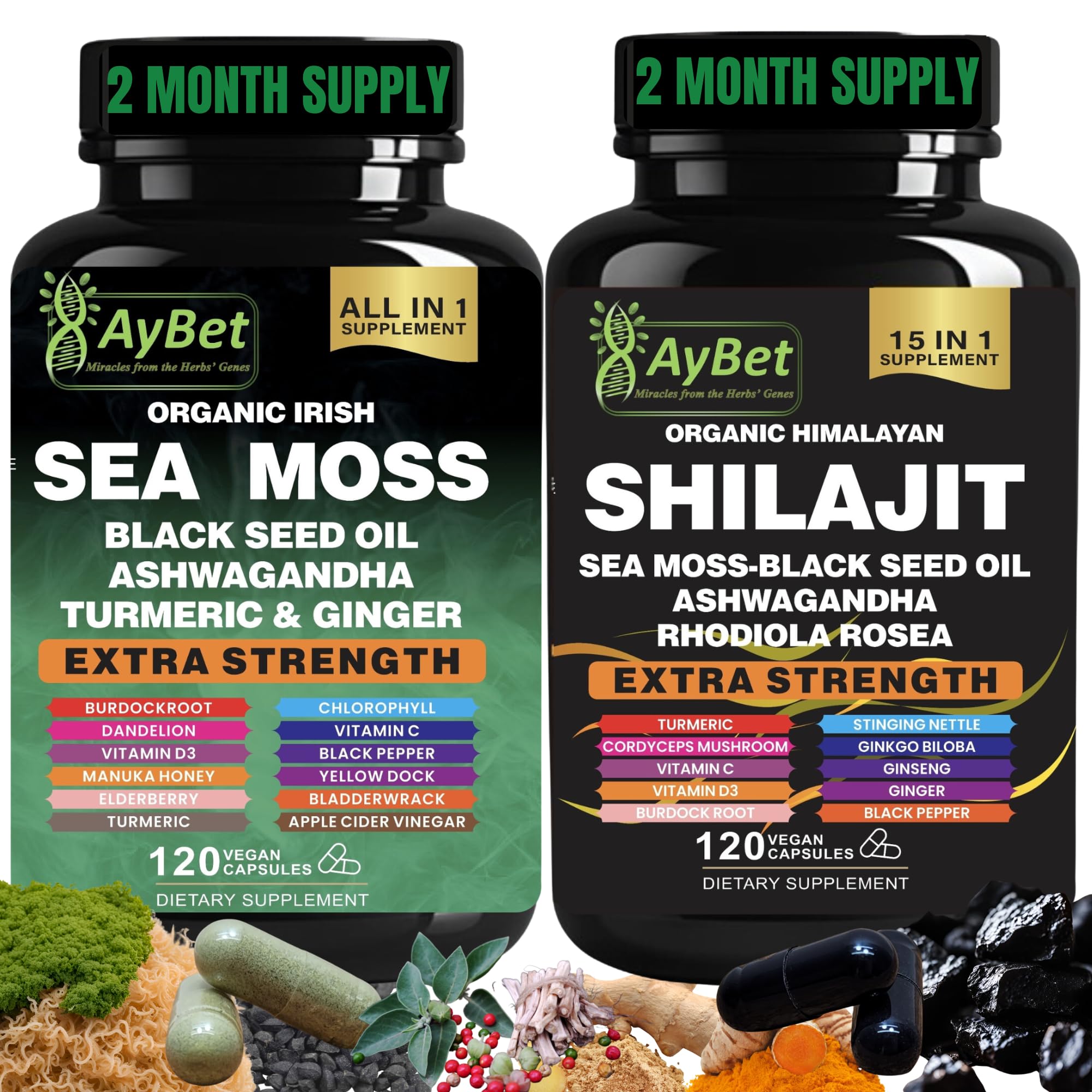 Sea Moss &amp; Himalayan Shilajit Supplement Combo–Herbal Formula with Black Seed Oil, Ashwagandha, Rhodiola, Turmeric, Ginger – Mineral, Antioxidant Support–Organic, Halal, Vegan Capsules–240 Count
